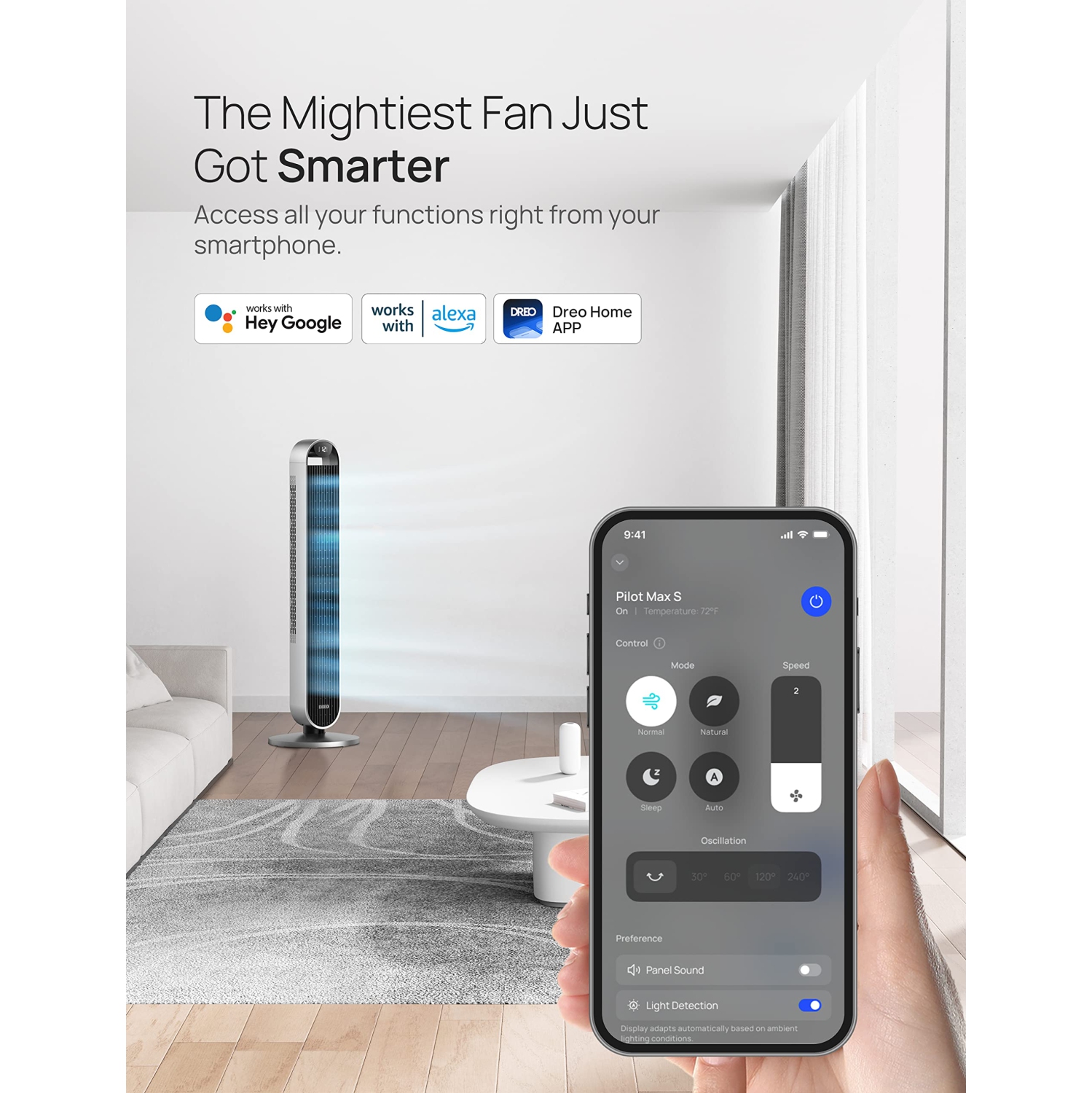 Ventilateur vertical oscillant à 120° Dero Pilot Max, ventilateur sans pales de 42 po pour chambre à coucher, moteur c.c. silencieux 25&nbsp;dB,