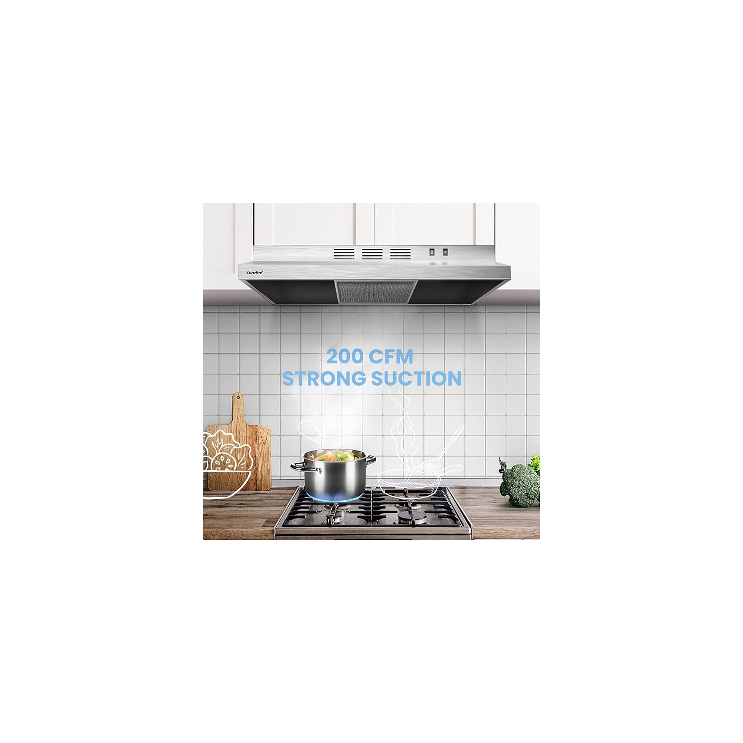 Comfee F13 30-Inch Range Hood, Ducted/Ductless Kitchen Vent Hood, 200 CFM, 2-Speed Exhaust Fan, Durable Stainless Steel with 2 Reusable Filters,