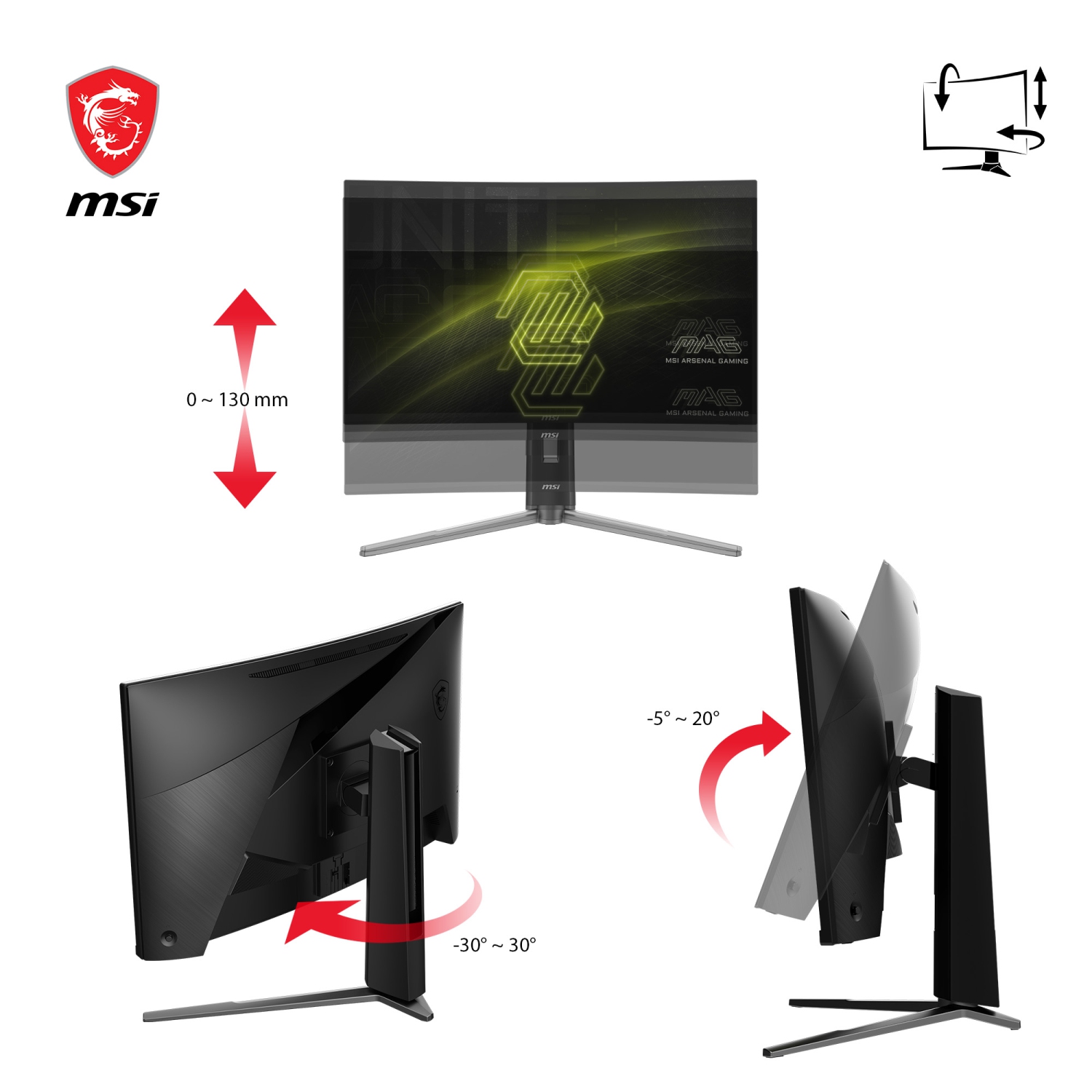 MSI 27" WQHD 180Hz 0.5ms Curved 1500R Rapid VA LED Gaming Monitor, Tilt, Swivel, Height adjustable, Adaptive Sync, VESA Mountable (MAG 27CQ6PF)