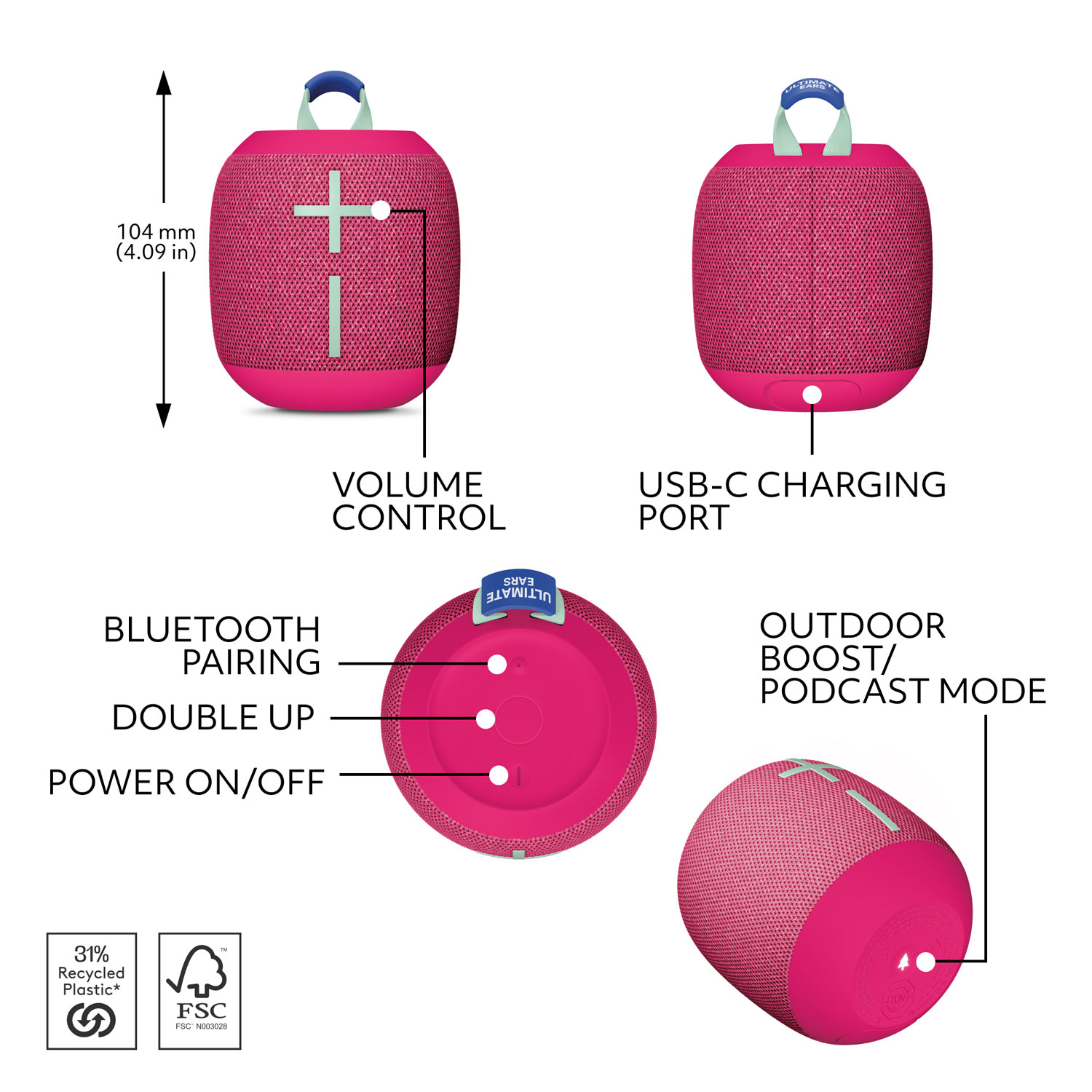 Ultimate Ears WONDERBOOM 4 Waterproof Bluetooth Wireless Speaker - Hyper Pink
