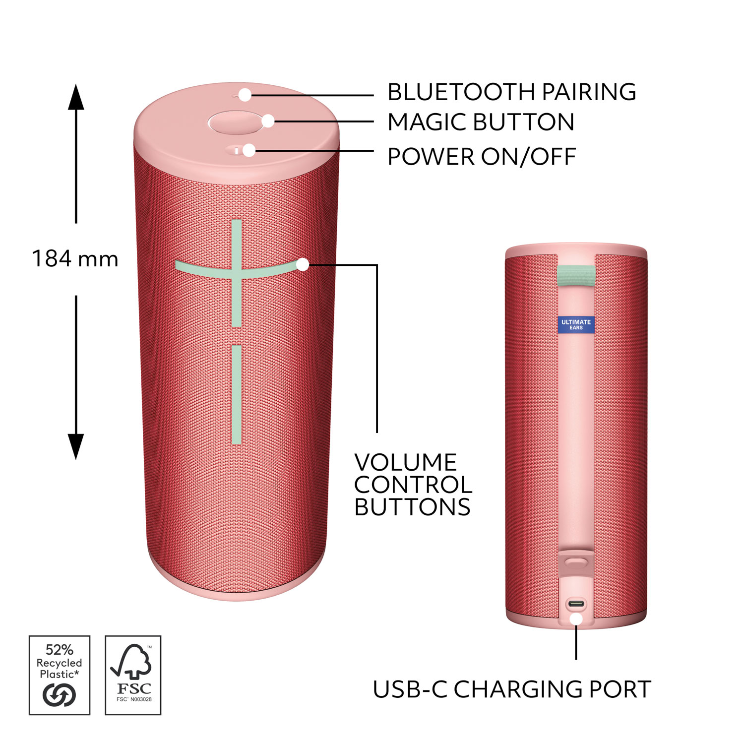 Ultimate Ears BOOM 4 Waterproof Bluetooth Wireless Speaker - Raspberry Red