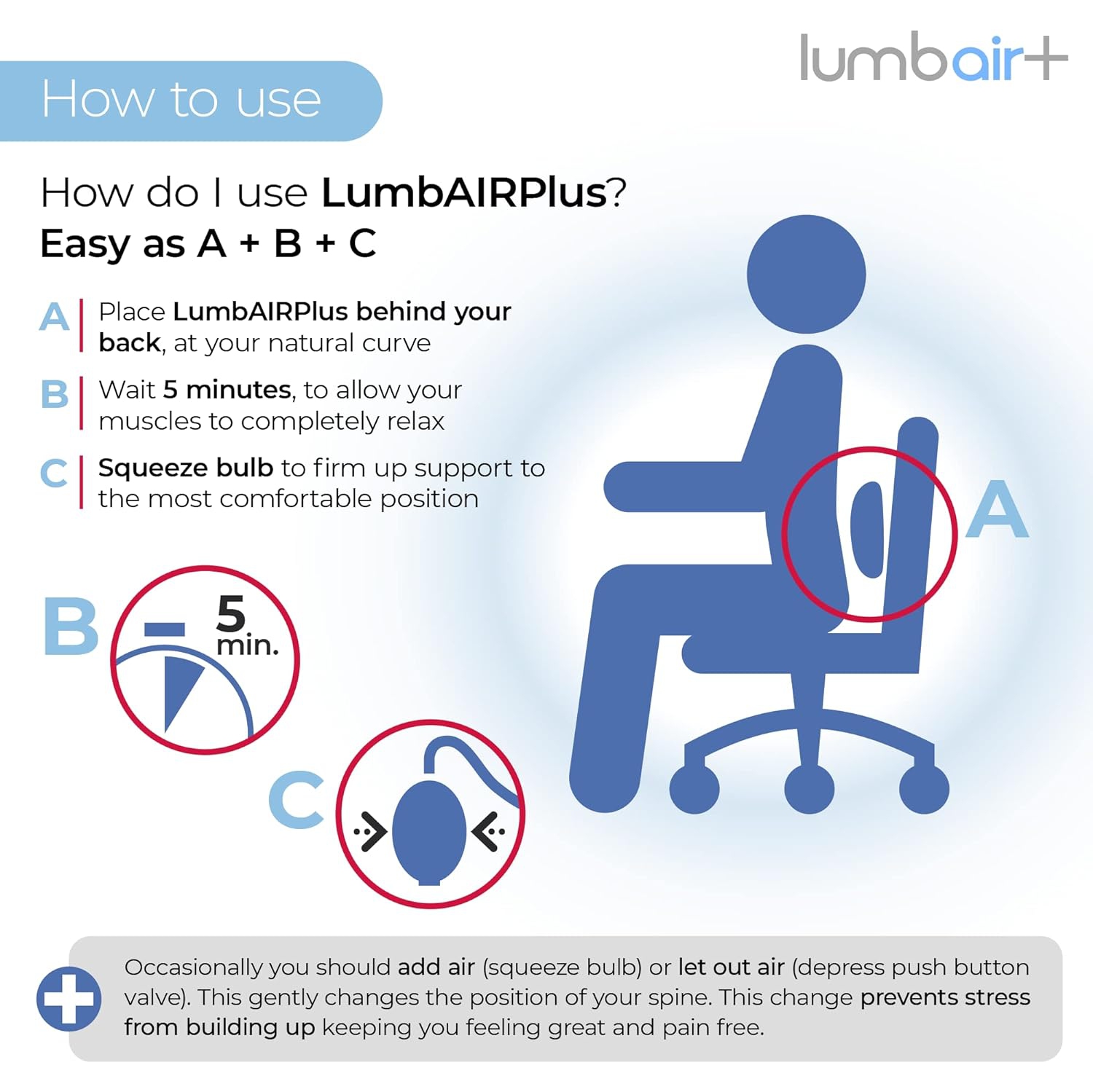 LumbAIR Plus Portable Backrest, Inflatable Lumbar Support Cushion with Adjustable Internal Air System, One Size Ergonomic for Office, Home, Car,