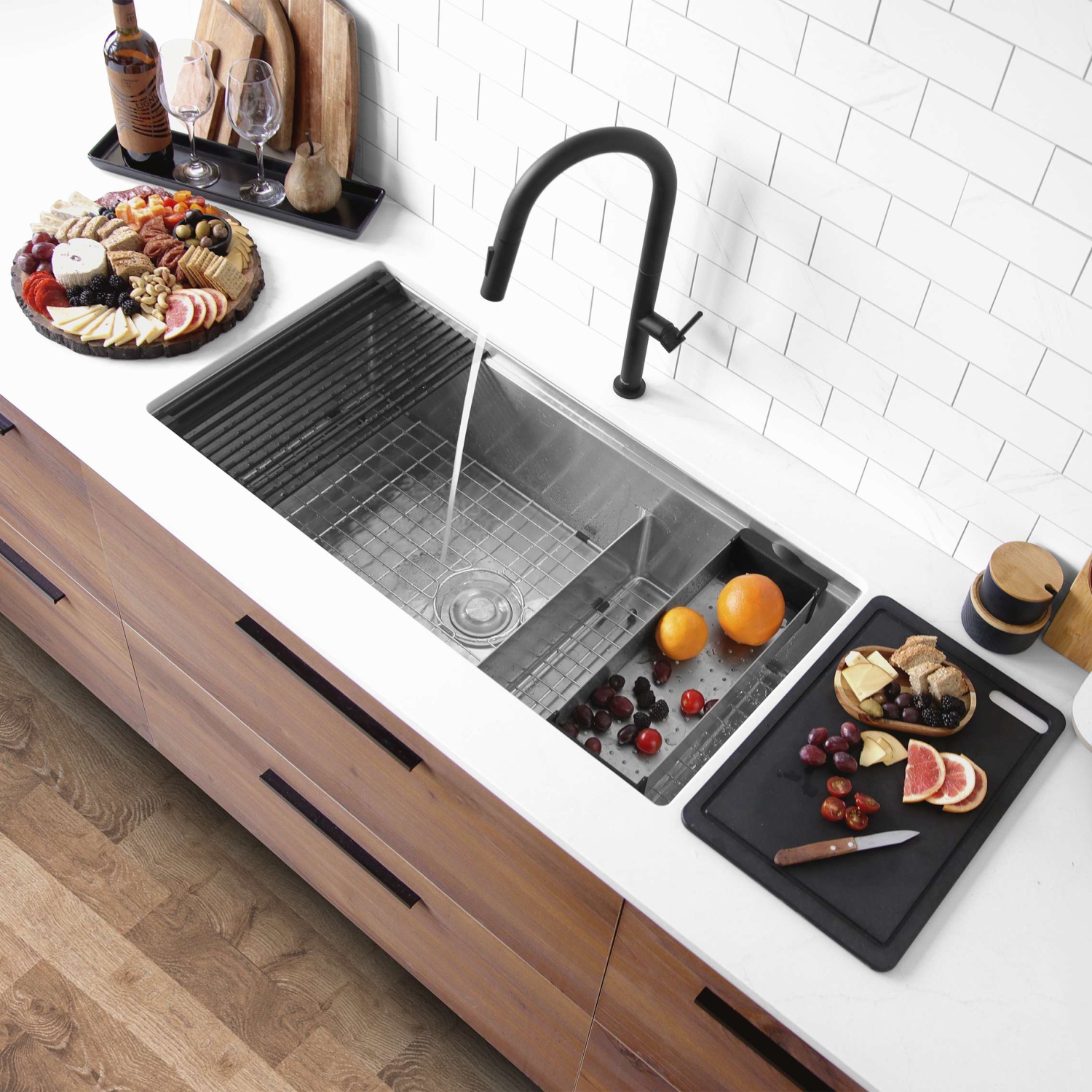 STYLISH Versa36 Undermount 36" Double-Bowl Workstation Kitchen Sink with black Accessories S-636WK