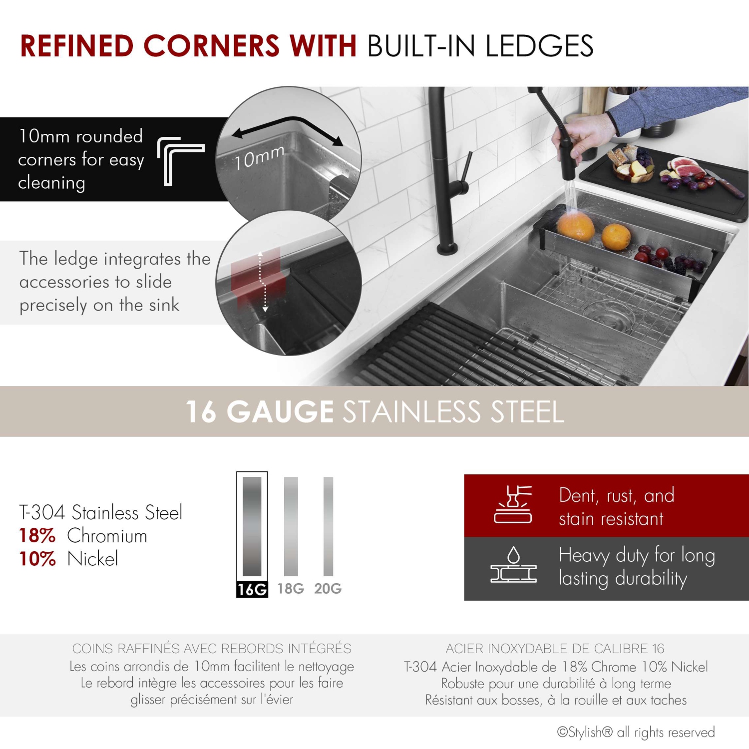 STYLISH Versa36 Undermount 36" Double-Bowl Workstation Kitchen Sink with black Accessories S-636WK