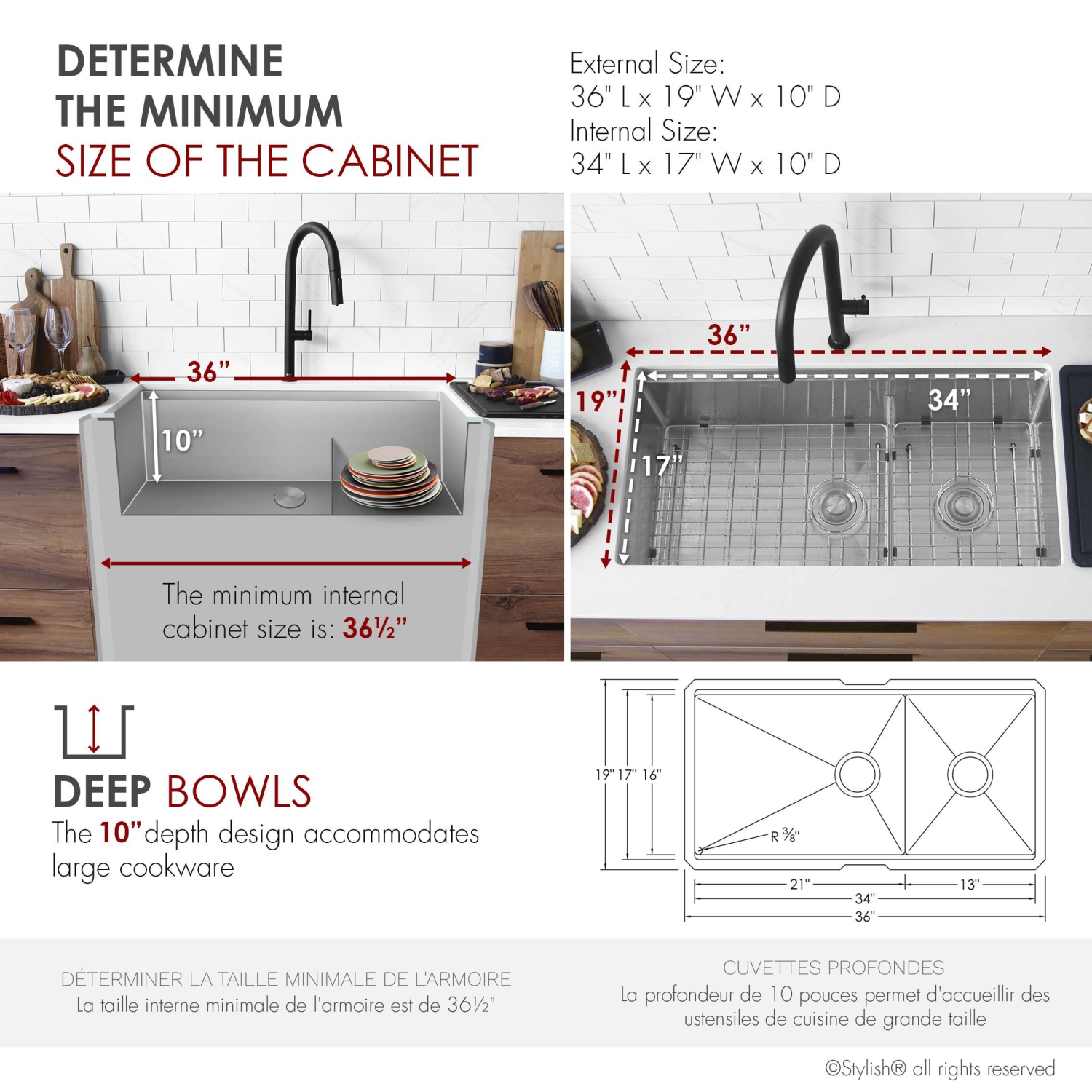 STYLISH Versa36 Undermount 36" Double-Bowl Workstation Kitchen Sink with black Accessories S-636WK