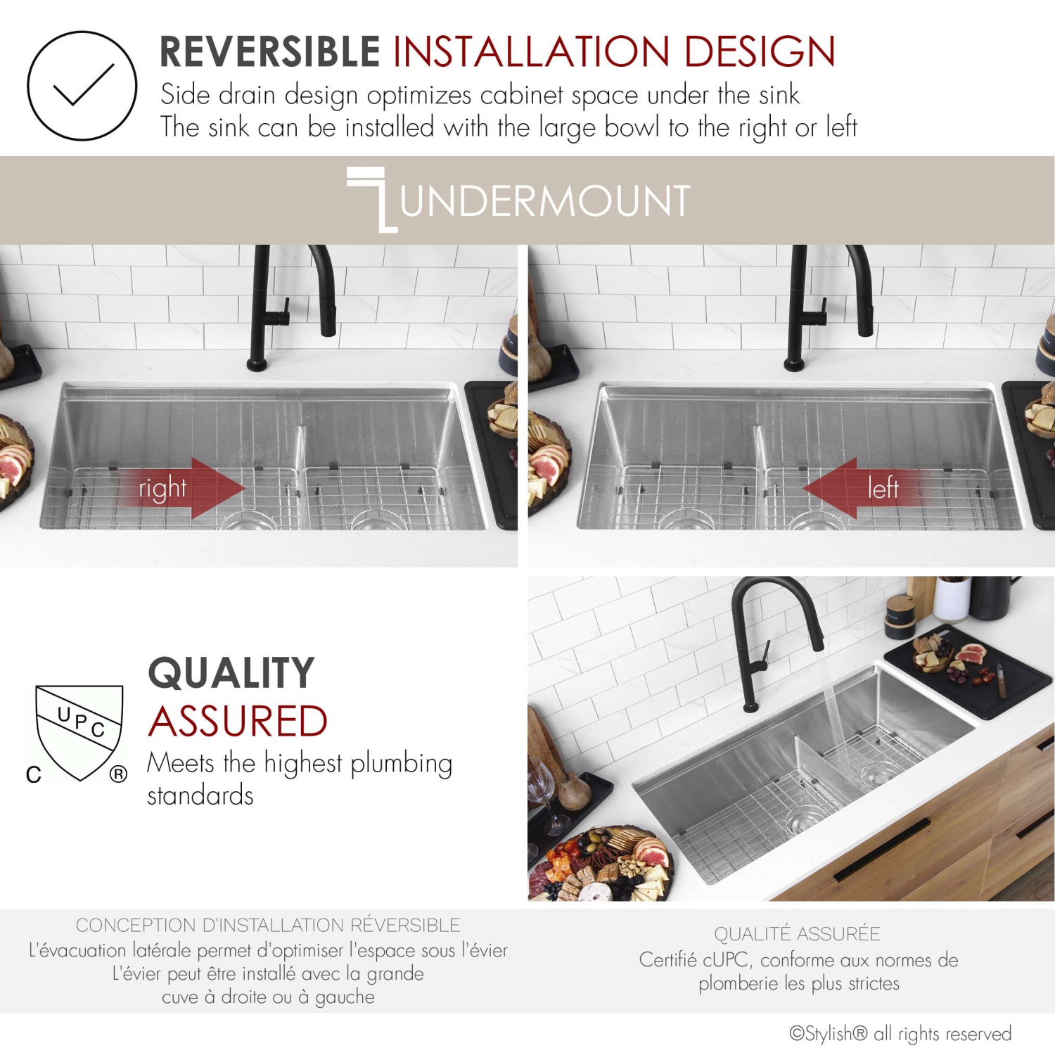 STYLISH Versa36 Undermount 36" Double-Bowl Workstation Kitchen Sink with black Accessories S-636WK