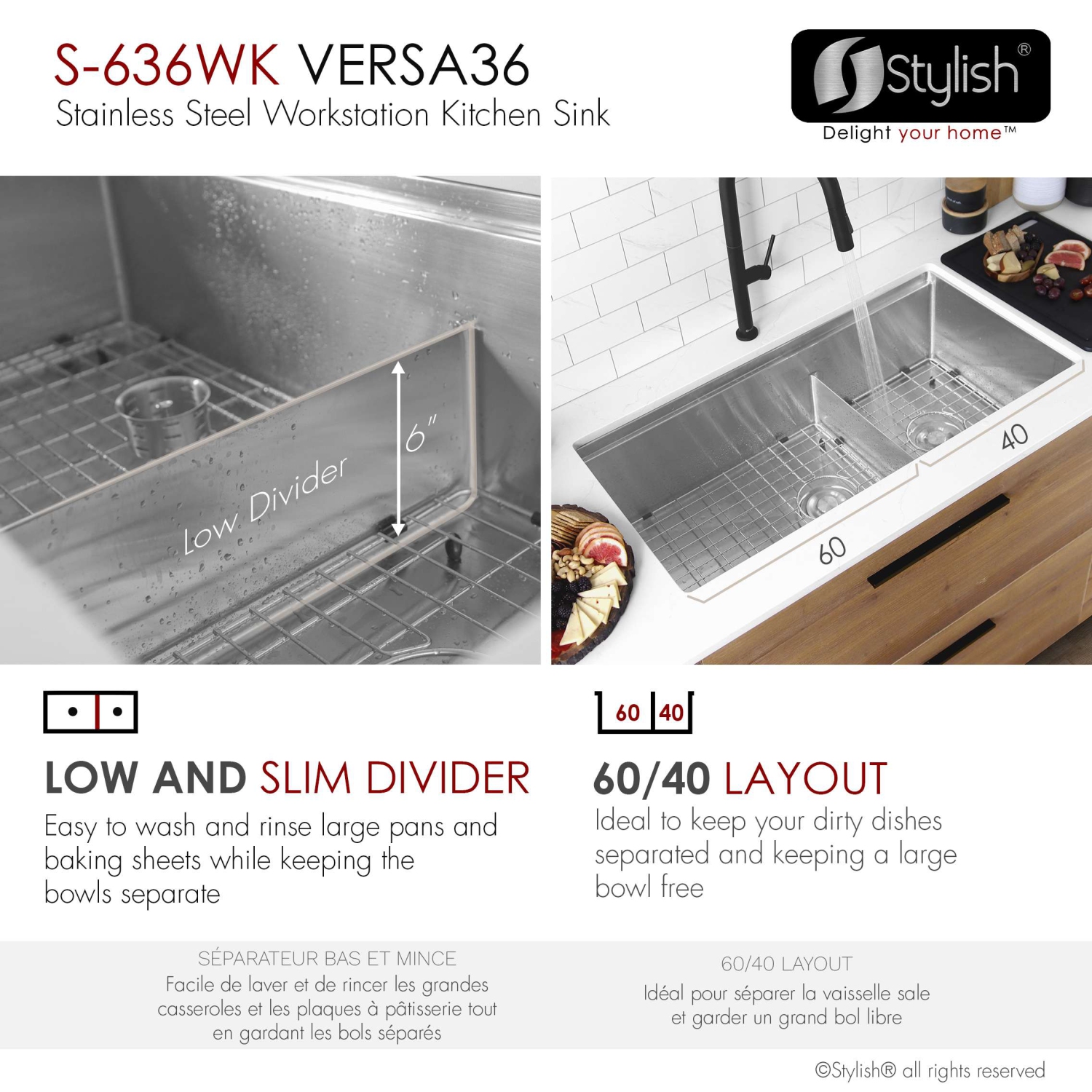 STYLISH Versa36 Undermount 36" Double-Bowl Workstation Kitchen Sink with black Accessories S-636WK