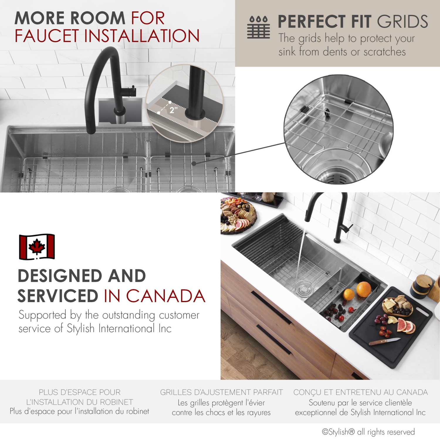 STYLISH Versa36 Undermount 36" Double-Bowl Workstation Kitchen Sink with black Accessories S-636WK