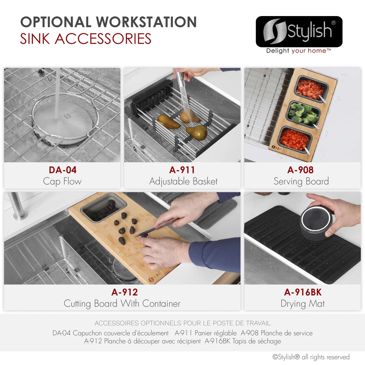 STYLISH Versa36 Undermount 36" Double-Bowl Workstation Kitchen Sink with black Accessories S-636WK