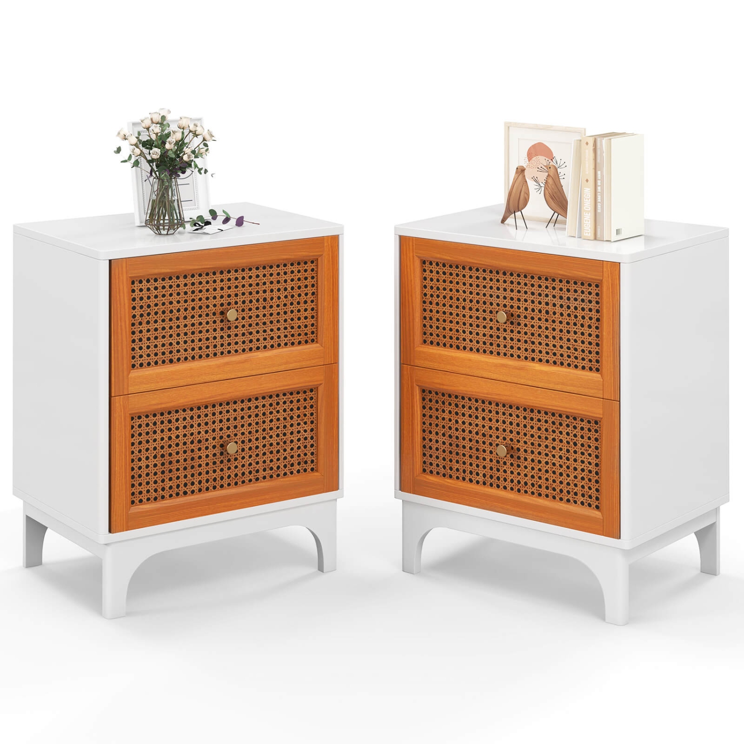 Costway 2 PCS Rattan Nightstand with Storage Wood End Sofa Side Table with 2 drawers Wood Legs