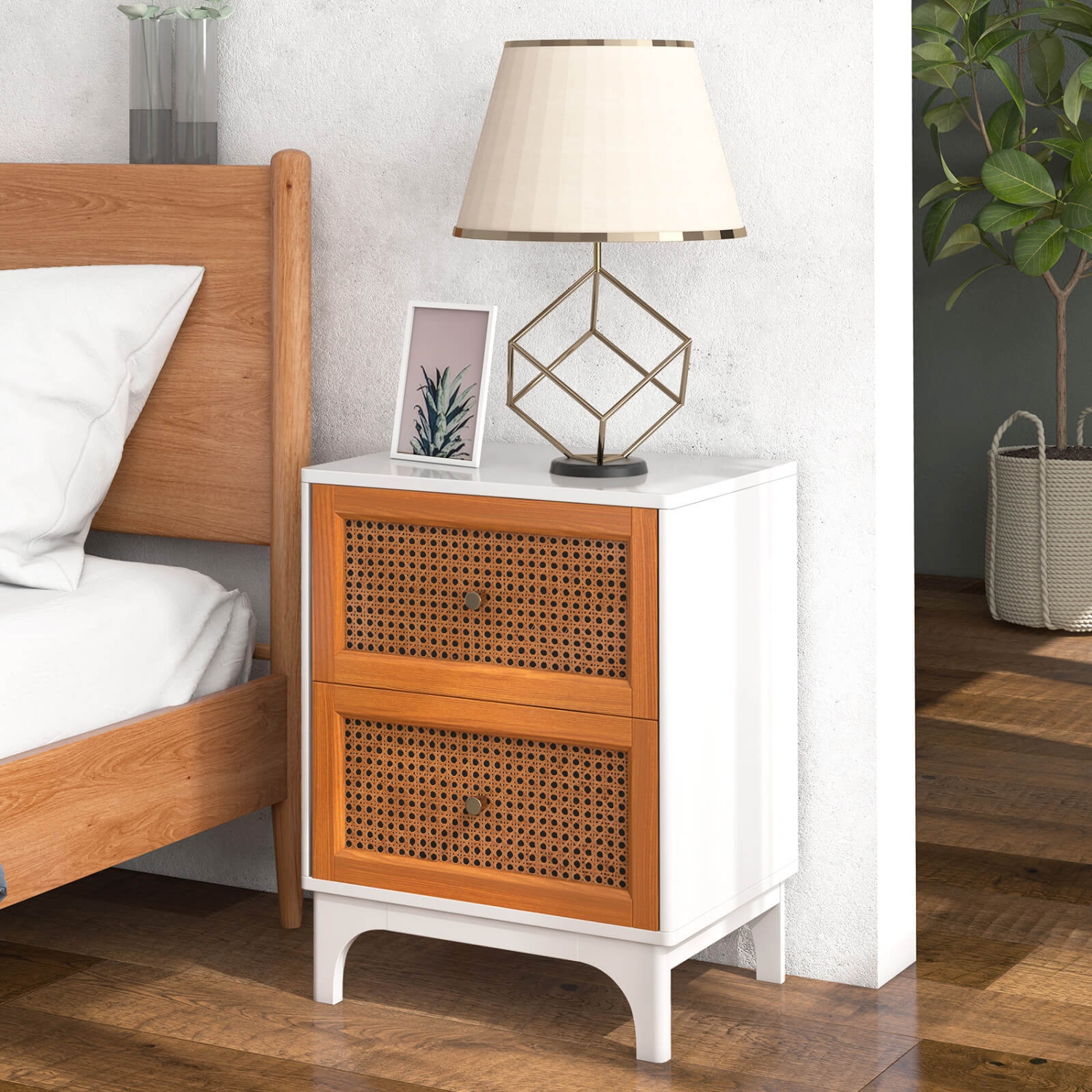 Costway 2 PCS Rattan Nightstand with Storage Wood End Sofa Side Table with 2 drawers Wood Legs