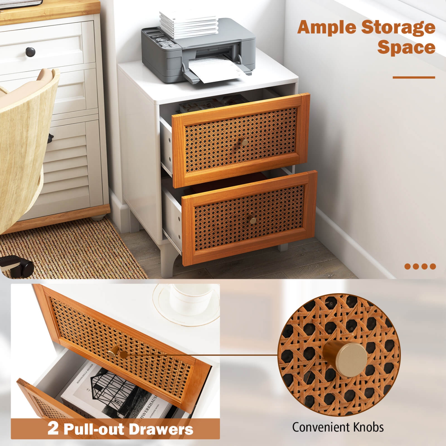 Costway 2 PCS Rattan Nightstand with Storage Wood End Sofa Side Table with 2 drawers Wood Legs