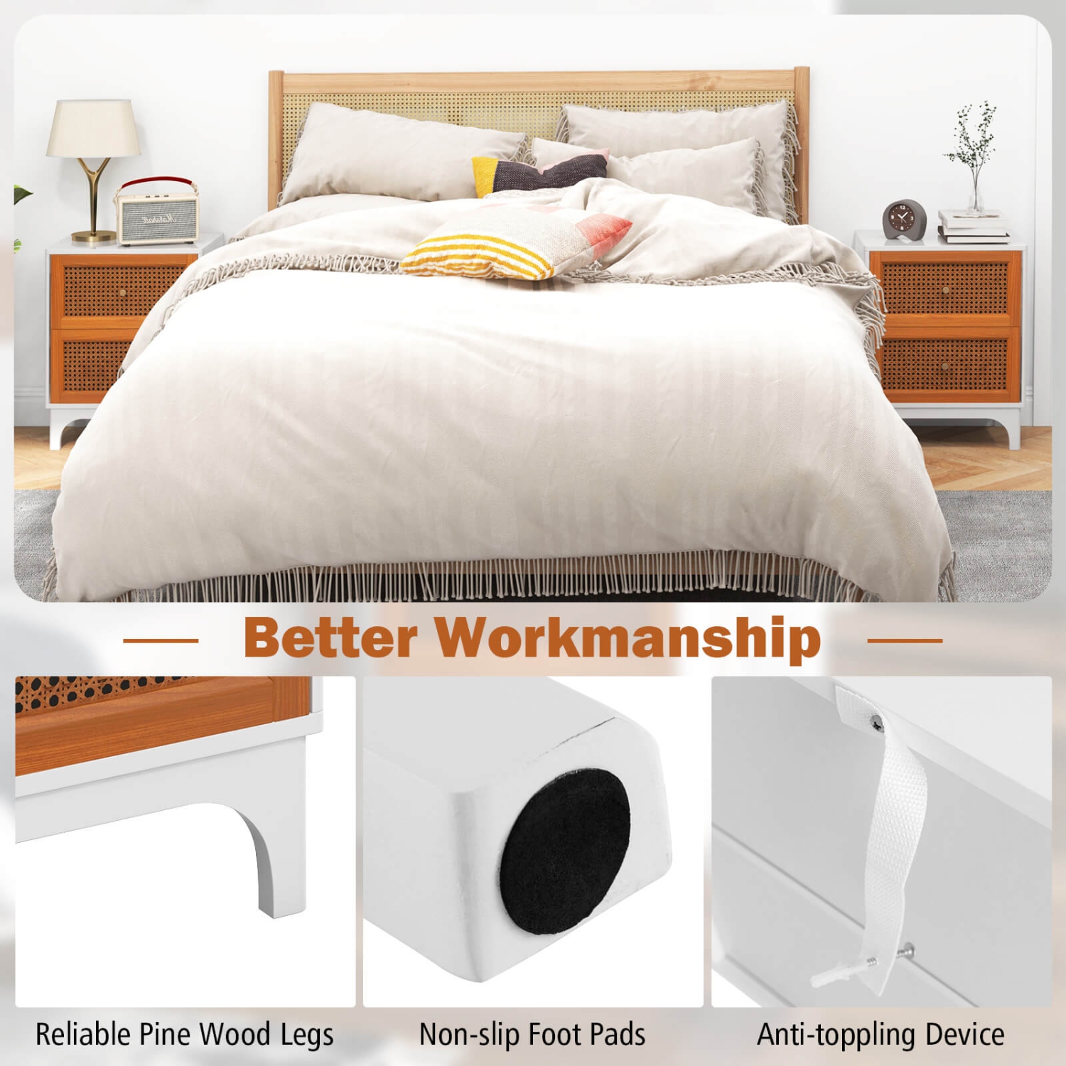 Costway 2 PCS Rattan Nightstand with Storage Wood End Sofa Side Table with 2 drawers Wood Legs