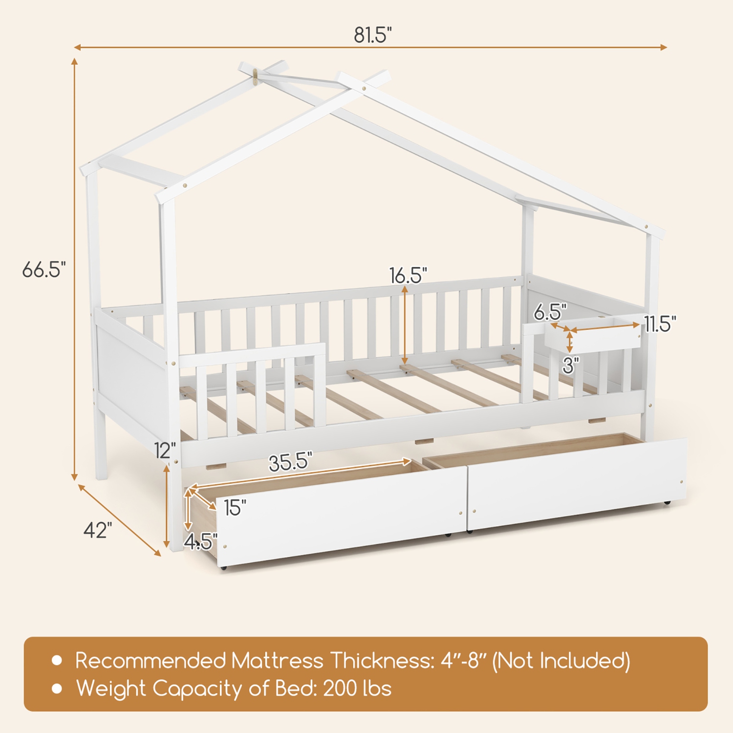 Gymax Twin House Bed w/ 2 Storage Drawers Roof & Fence Rails Headboard & Footboard