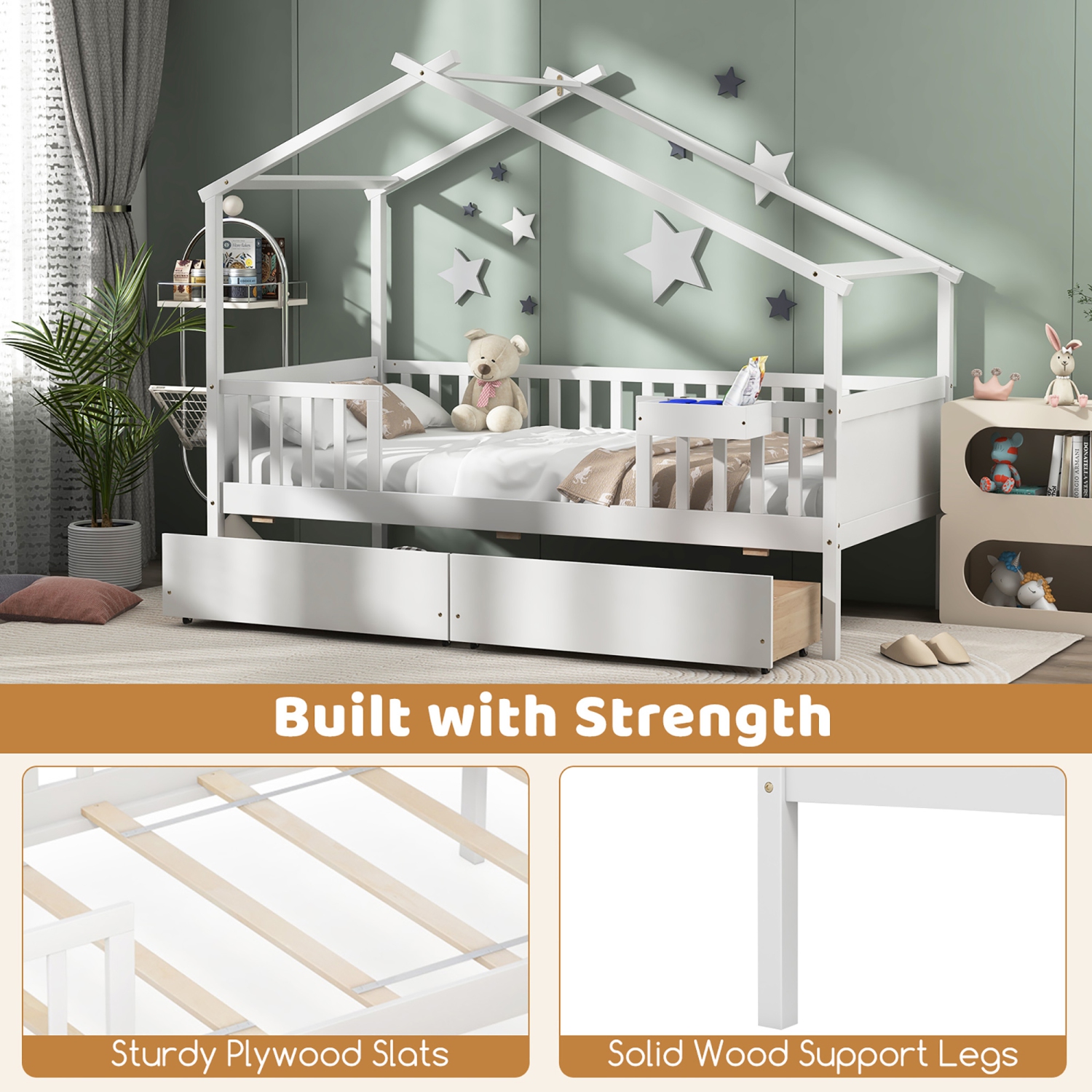 Gymax Twin House Bed w/ 2 Storage Drawers Roof & Fence Rails Headboard & Footboard
