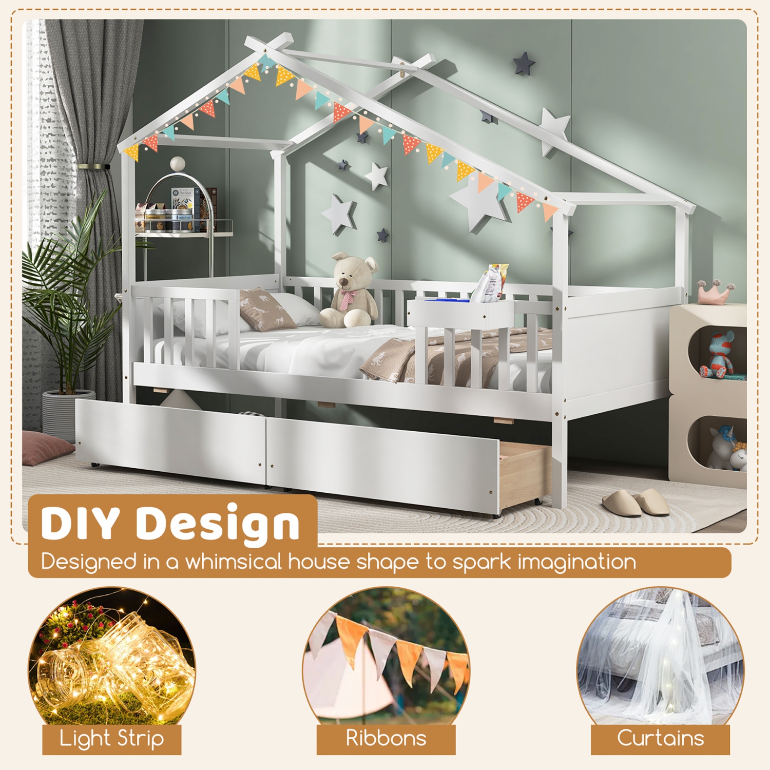 Gymax Twin House Bed w/ 2 Storage Drawers Roof & Fence Rails Headboard & Footboard