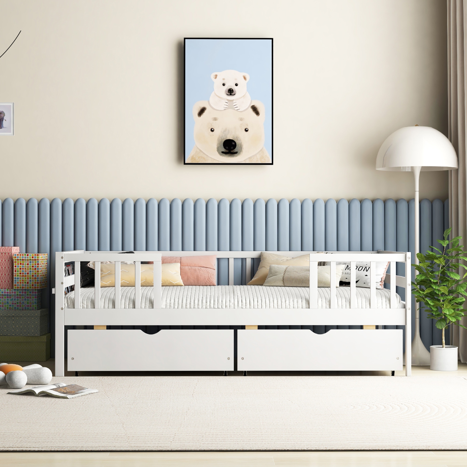 Gymax Twin Size Kids Bed w/ Storage 2 Pull-out Drawers Side Shelf for Children & Teens