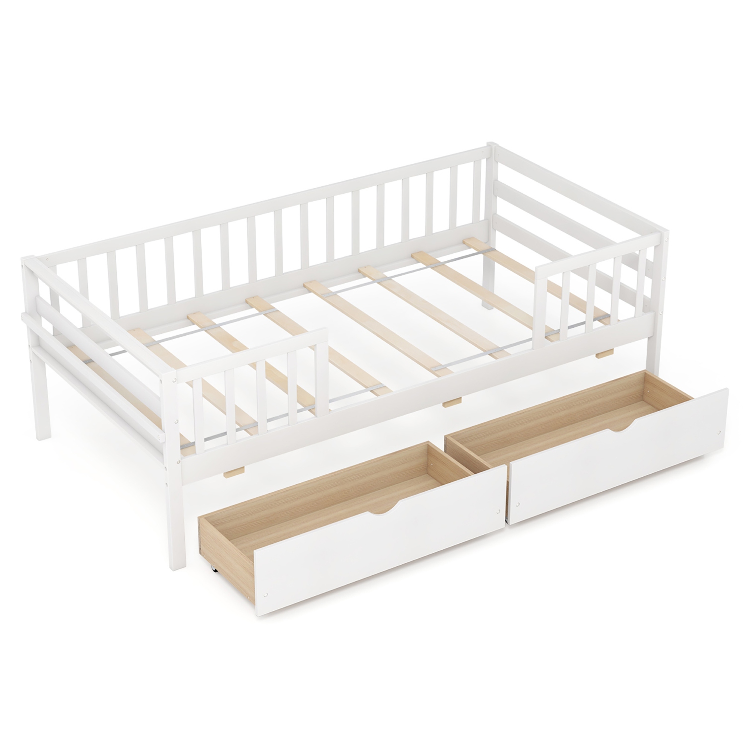 Gymax Twin Size Kids Bed w/ Storage 2 Pull-out Drawers Side Shelf for Children & Teens