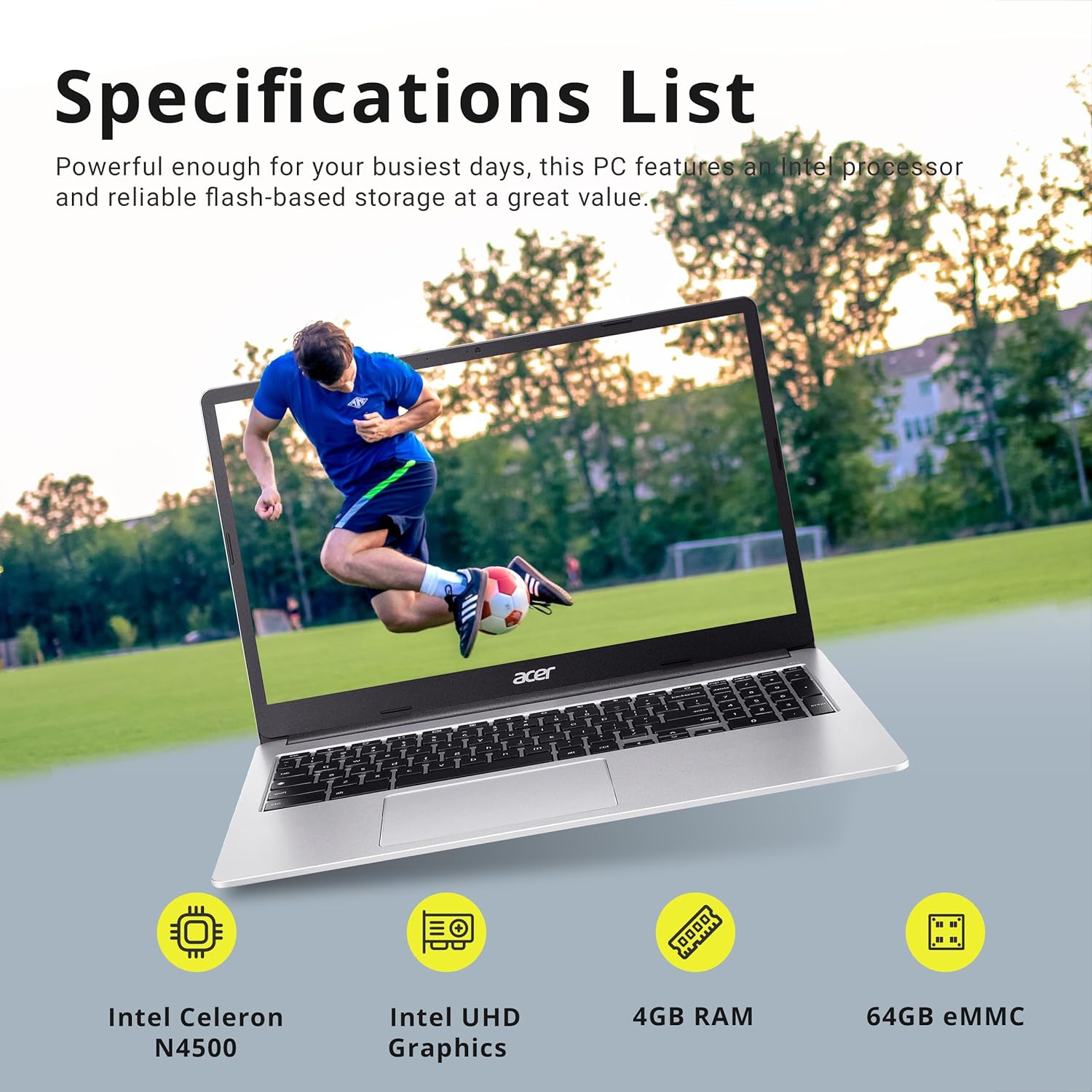 Acer Chromebook 15.6" Full HD IPS Display, Intel Celeron N4500,64GB eMMC, 4GB LPDDR4 RAM, Intel UHD Graphics, Numeric Keypad, WiFi 6, Chrome OS,