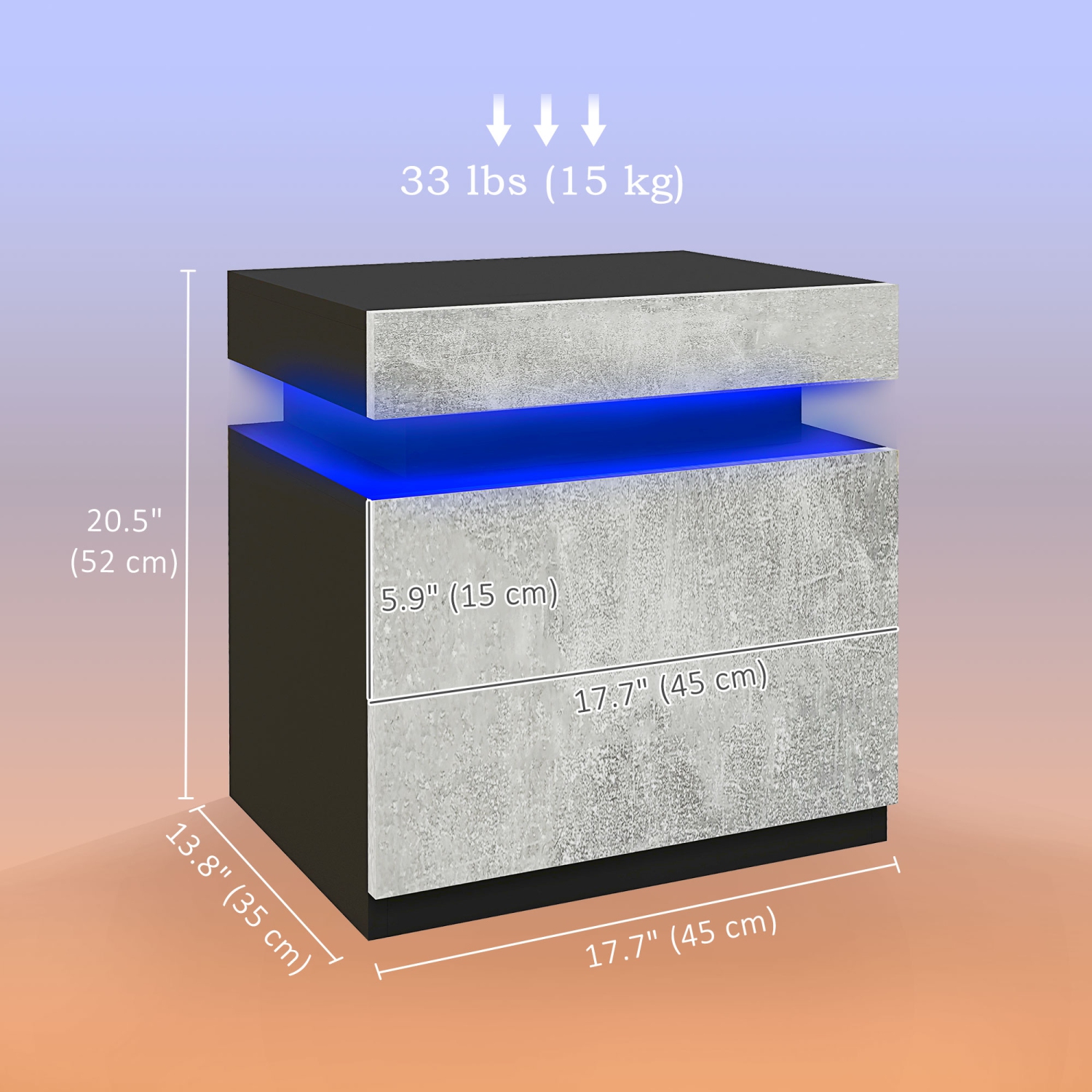 HOMCOM Nightstand, End Side Table with LED Lights, Bedside Table with 2 Drawers, for Bedroom, Cement Grey