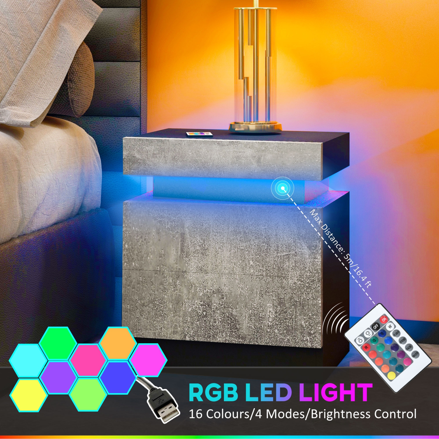 HOMCOM Nightstand, End Side Table with LED Lights, Bedside Table with 2 Drawers, for Bedroom, Cement Grey