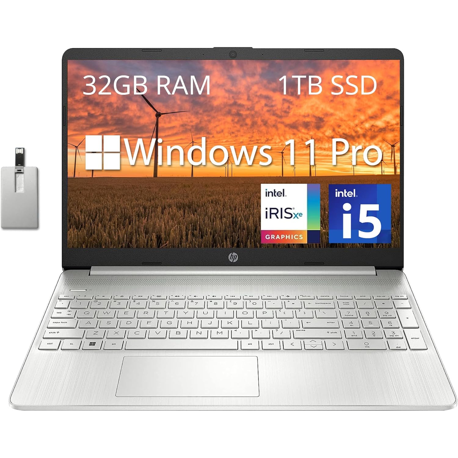 HP 15.6" FHD Business Laptop, Intel Core i5-1135G7, 1TB PCIe SSD, 32GB DDR4 RAM, Intel Iris Xe Graphics, Numpad, Webcam, Wi-Fi 5, Silver, Win 11 Pro, 32GB Hotface USB Card