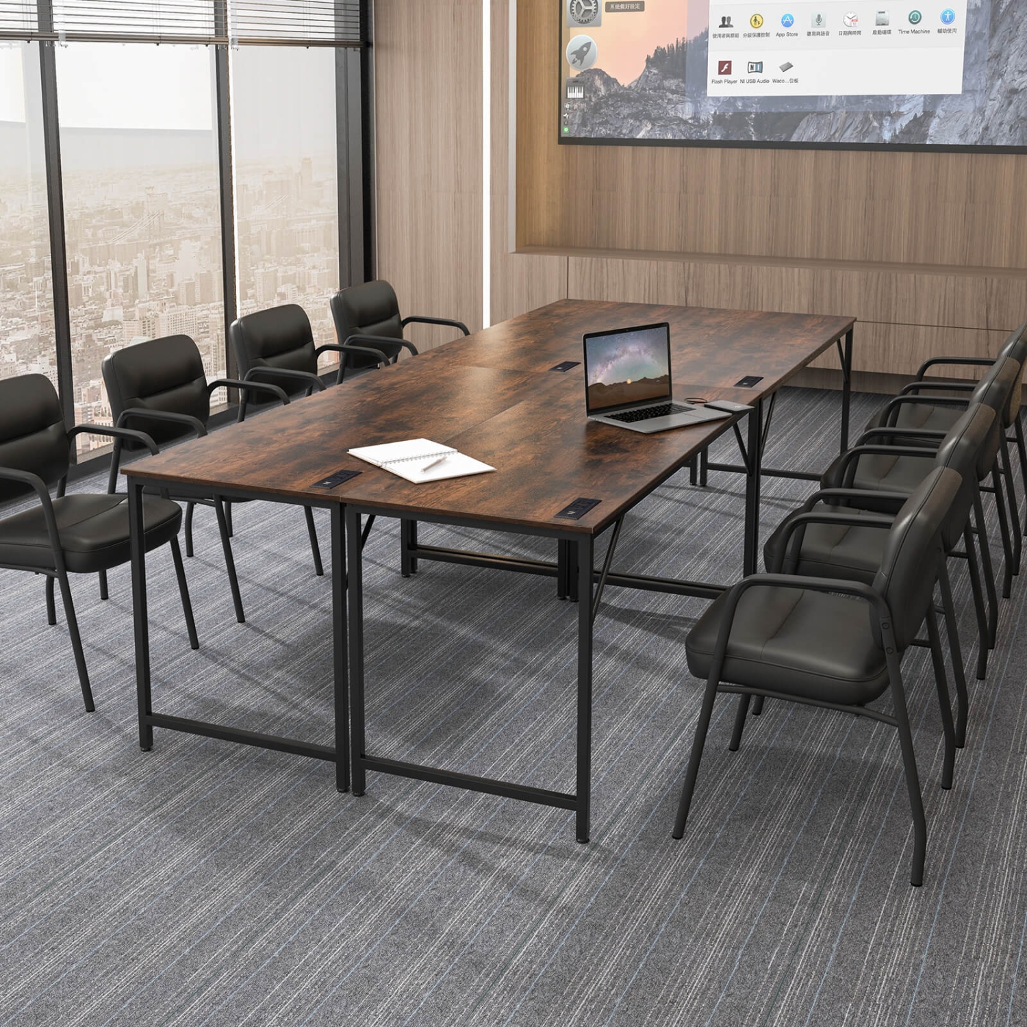 Costway Set of 4 Meeting Room Desk with Charging Station & Headphone Hook Metal Frame Brown