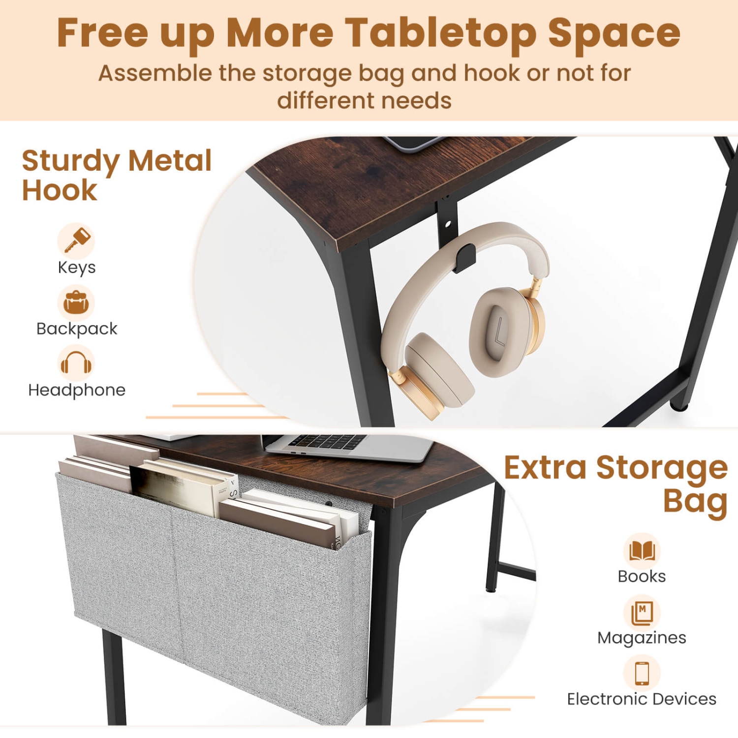 Costway Set of 4 Meeting Room Desk with Charging Station & Headphone Hook Metal Frame Brown