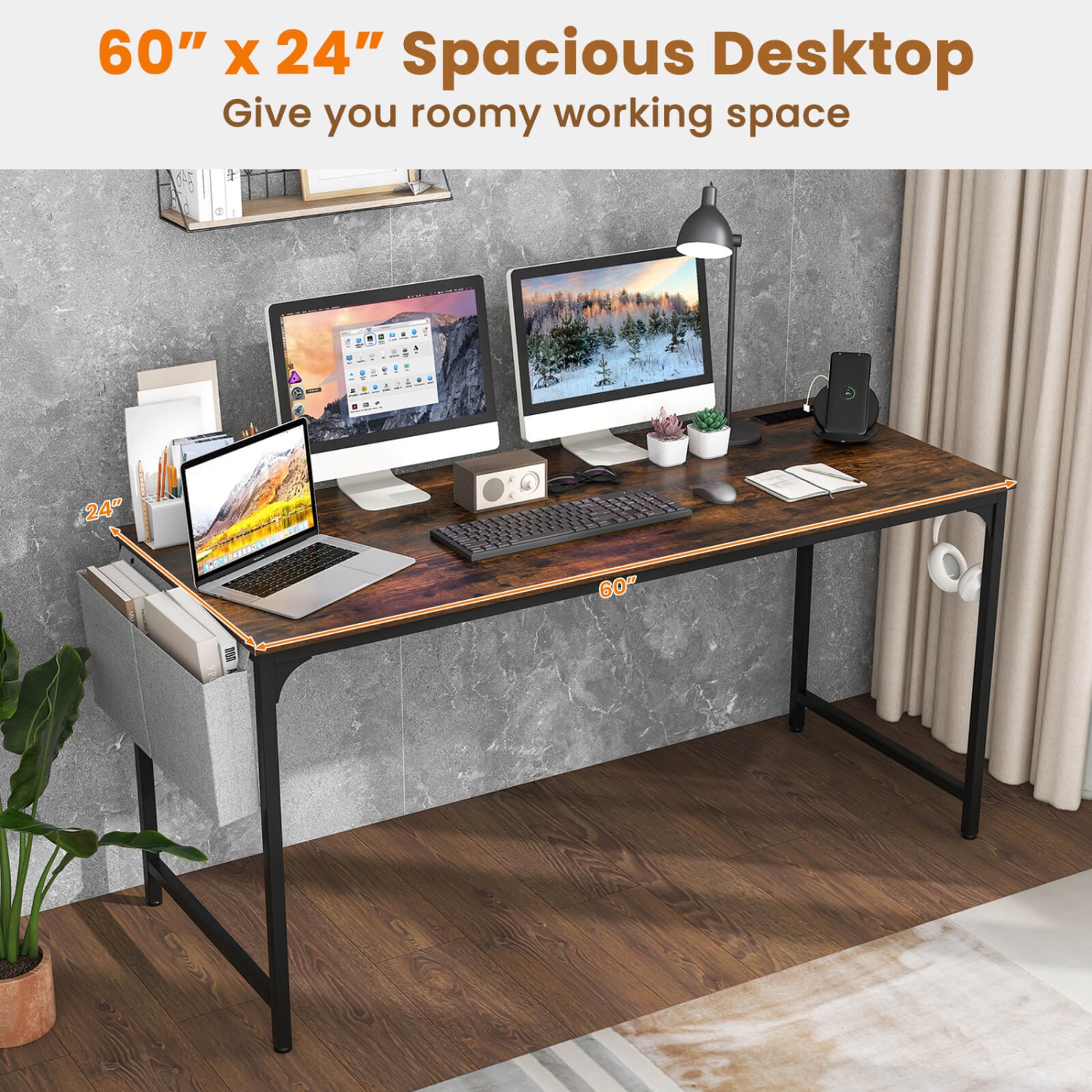 Costway Set of 4 Meeting Room Desk with Charging Station & Headphone Hook Metal Frame Brown