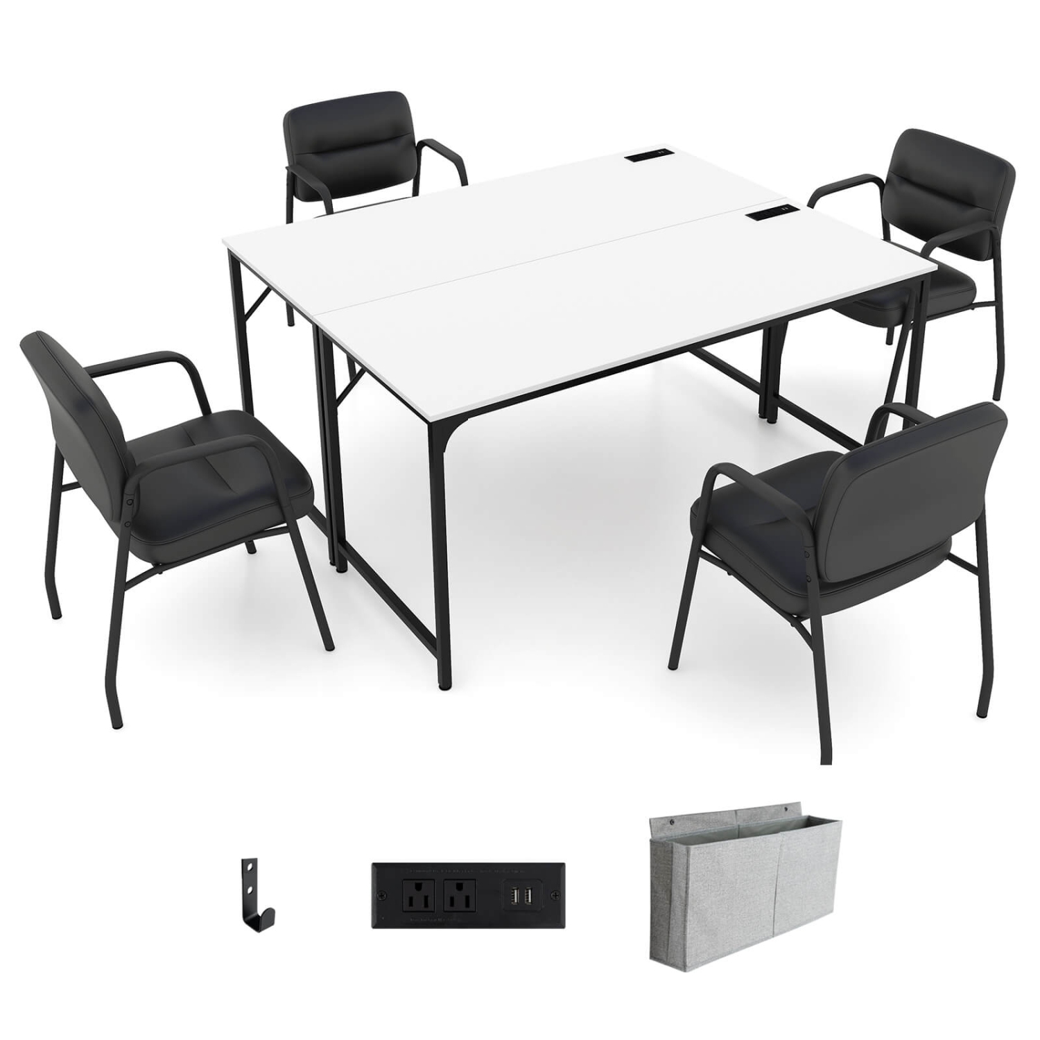 Costway Set of 2 Meeting Room Desk with Charging Station & Headphone Hook Metal Frame White