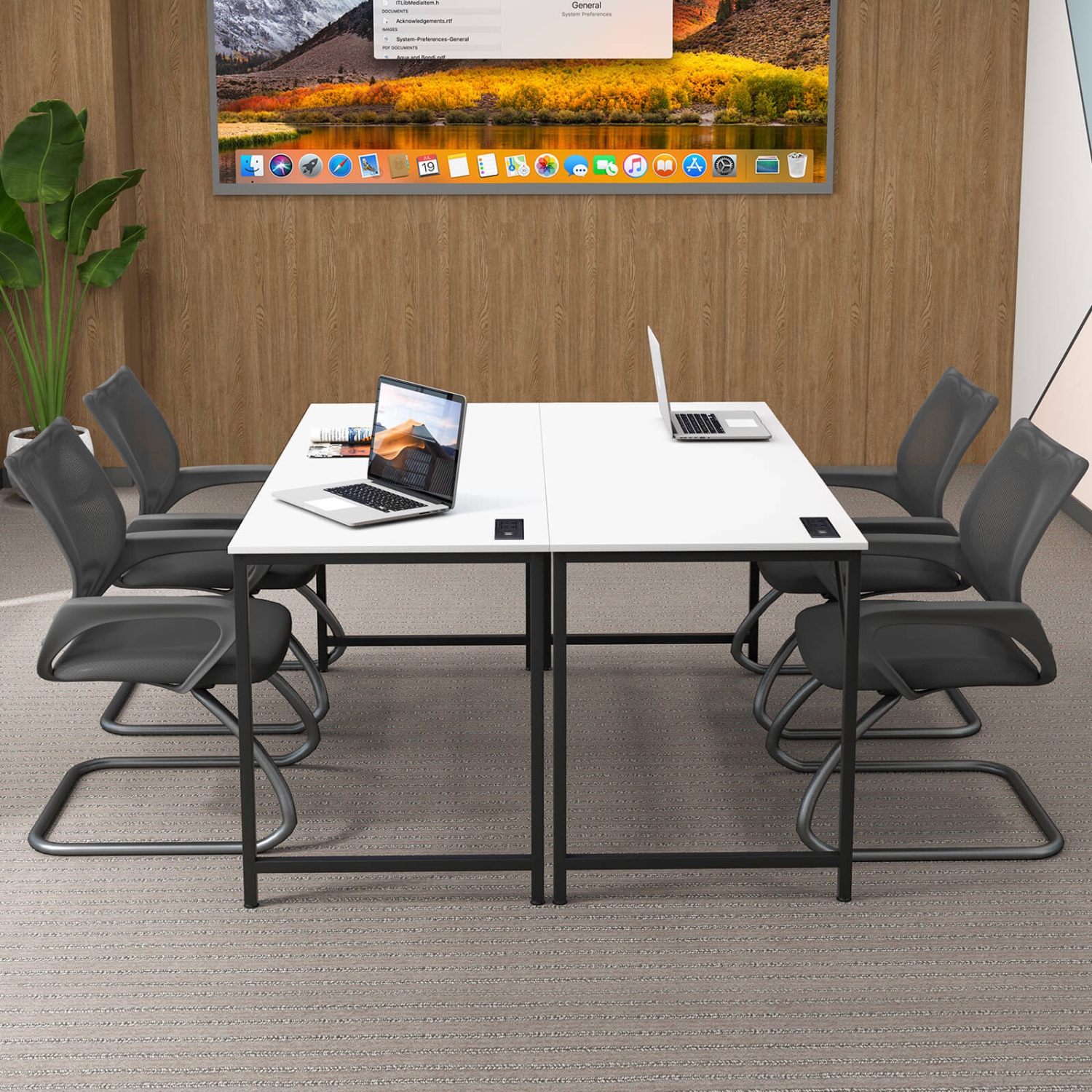 Costway Set of 2 Meeting Room Desk with Charging Station & Headphone Hook Metal Frame White