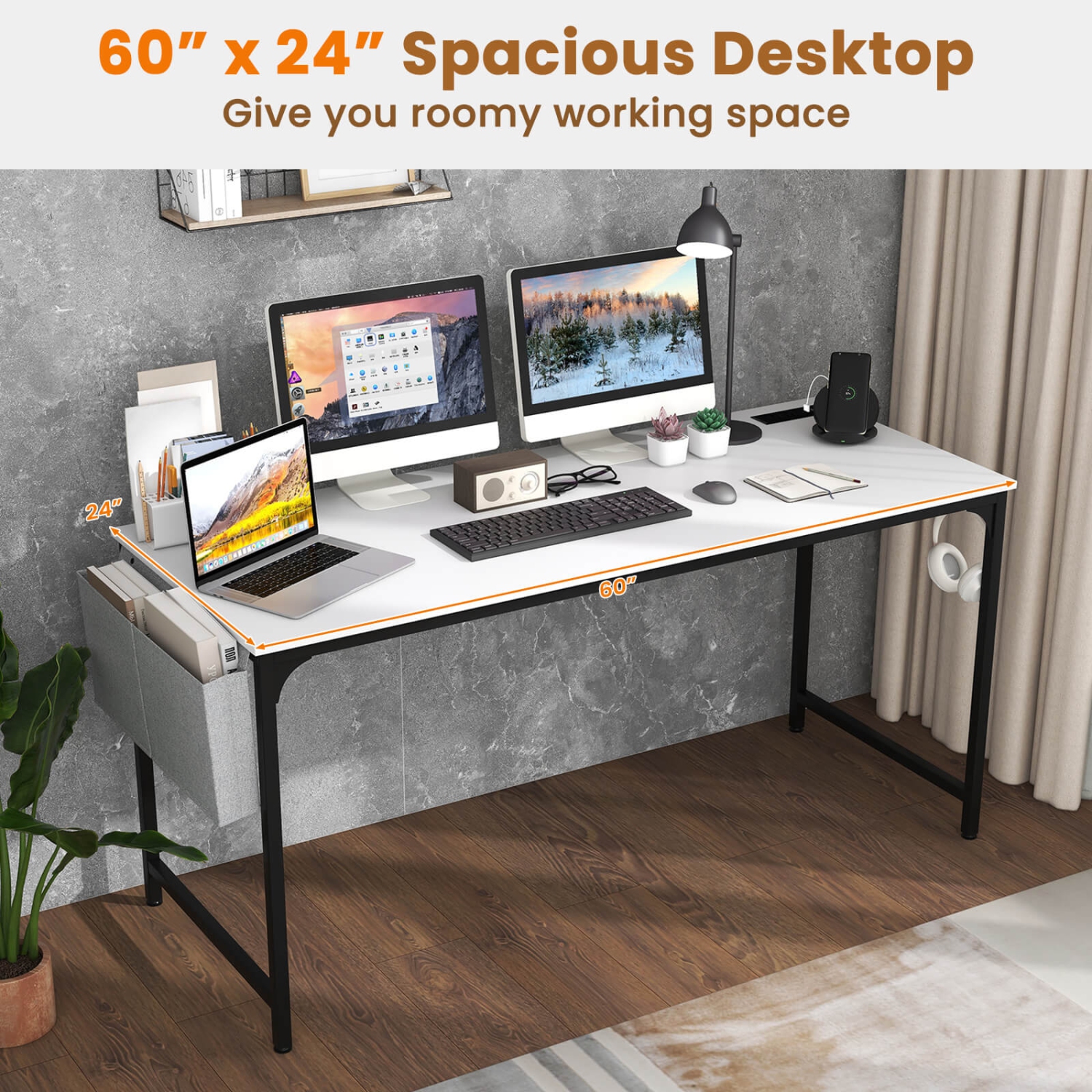 Costway Set of 2 Meeting Room Desk with Charging Station & Headphone Hook Metal Frame White