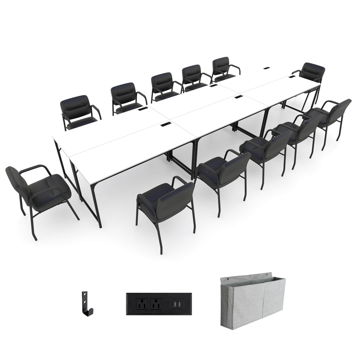 Costway Set of 6 Meeting Room Desk with Charging Station & Headphone Hook Metal Frame White