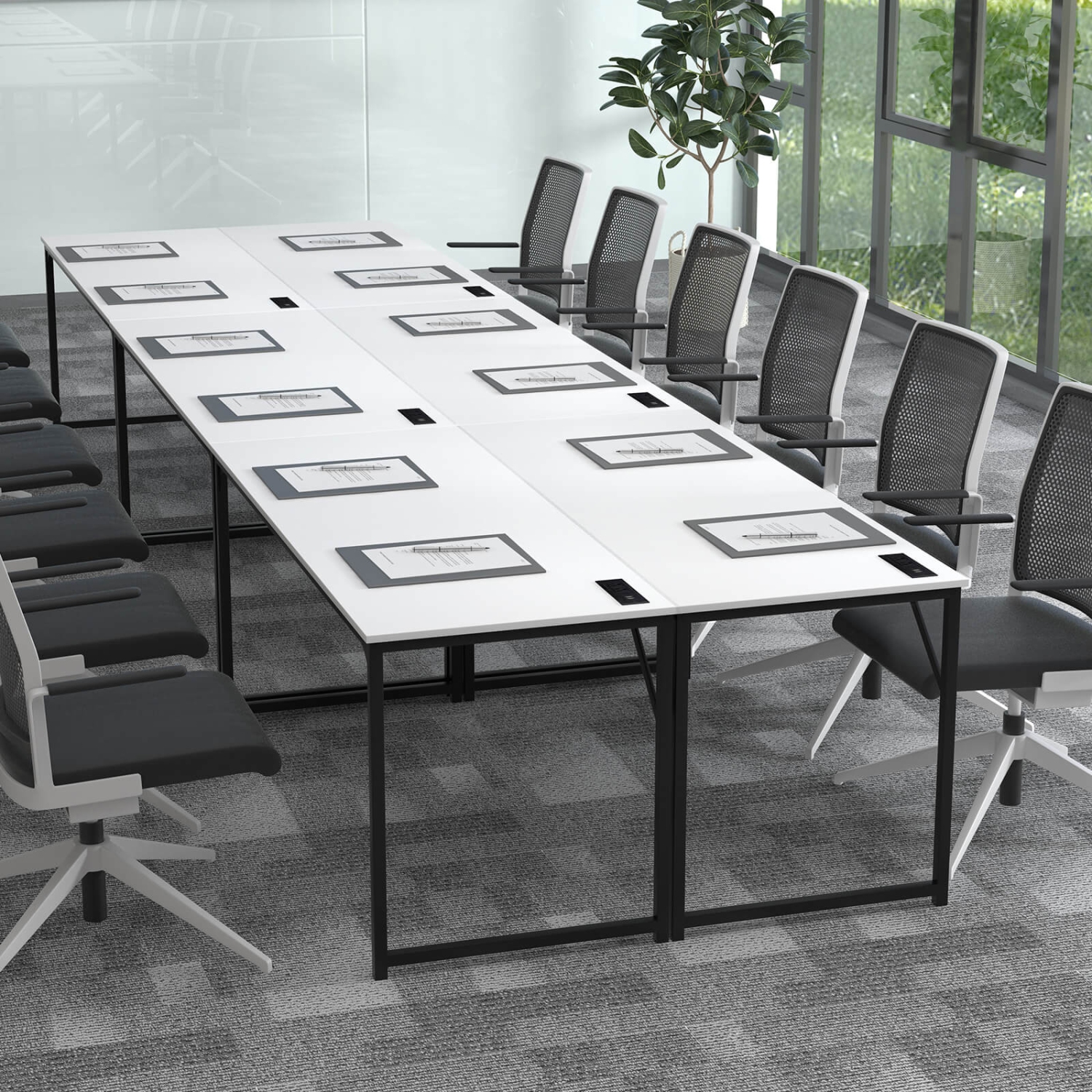 Costway Set of 6 Meeting Room Desk with Charging Station & Headphone Hook Metal Frame White