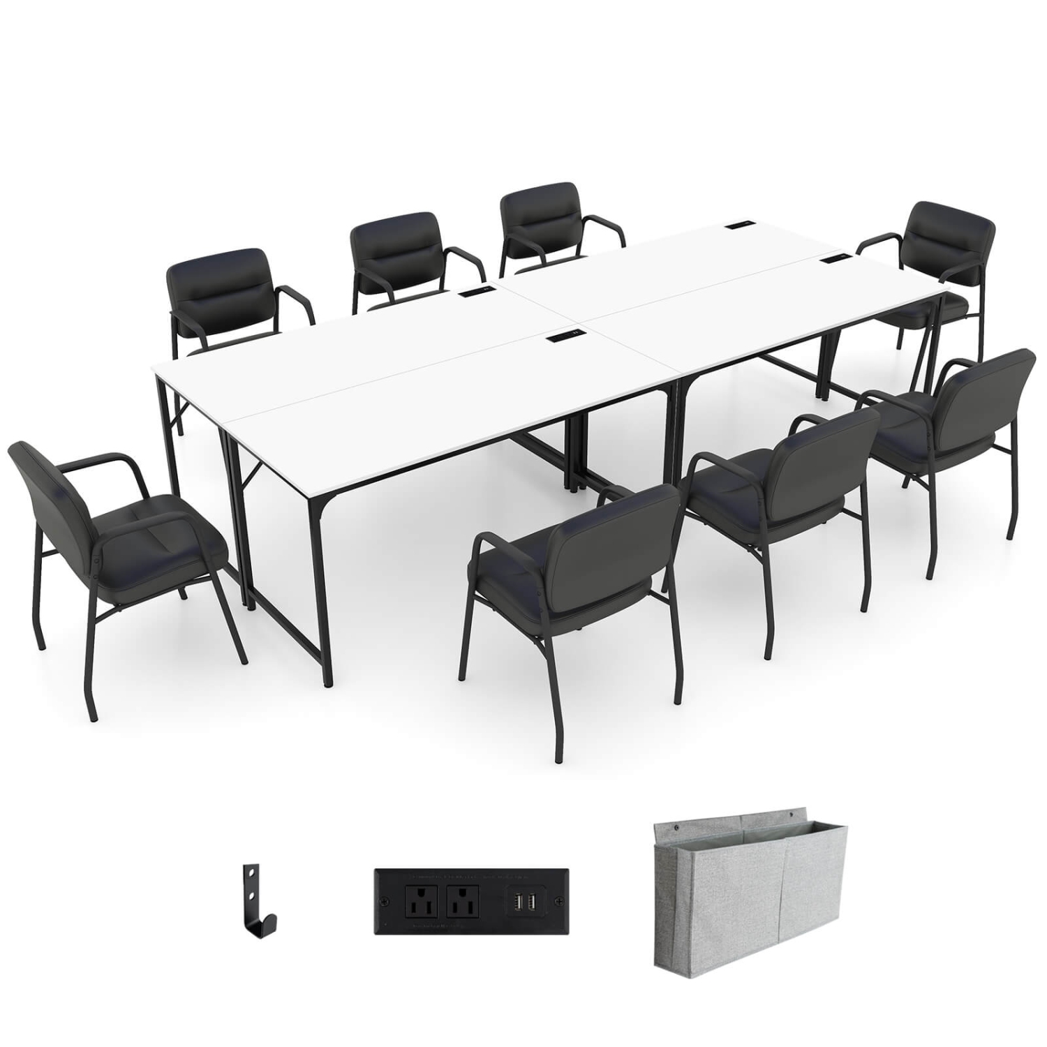 Costway Set of 4 Meeting Room Desk with Charging Station & Headphone Hook Metal Frame White