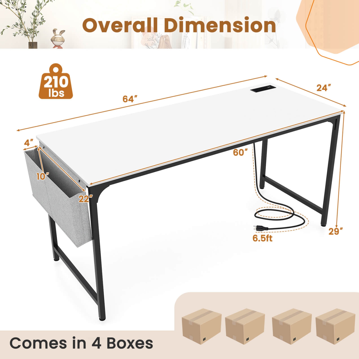 Costway Set of 4 Meeting Room Desk with Charging Station & Headphone Hook Metal Frame White