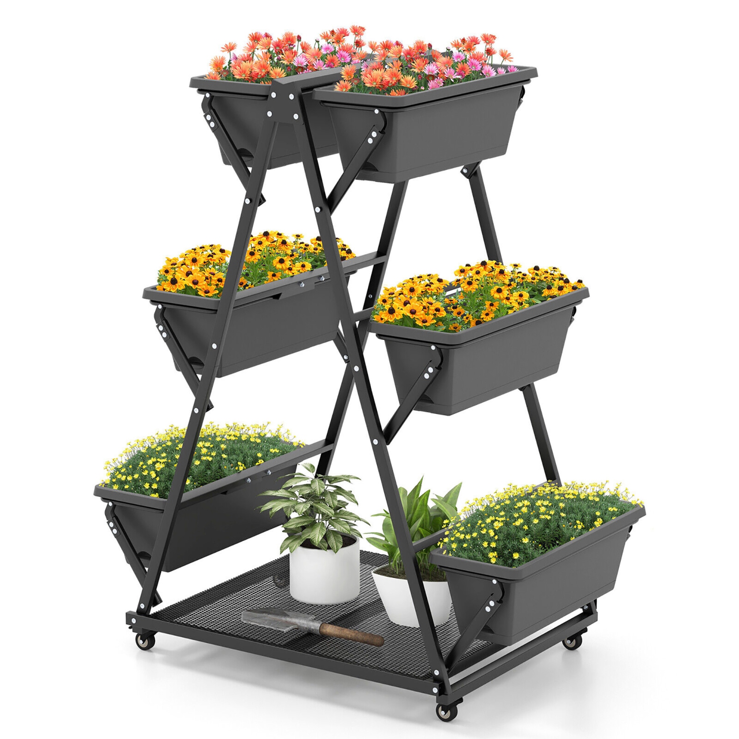 Gymax 3-tier Vertical Garden Planter Box w/ Lockable Wheels Drainage Holes for Patio