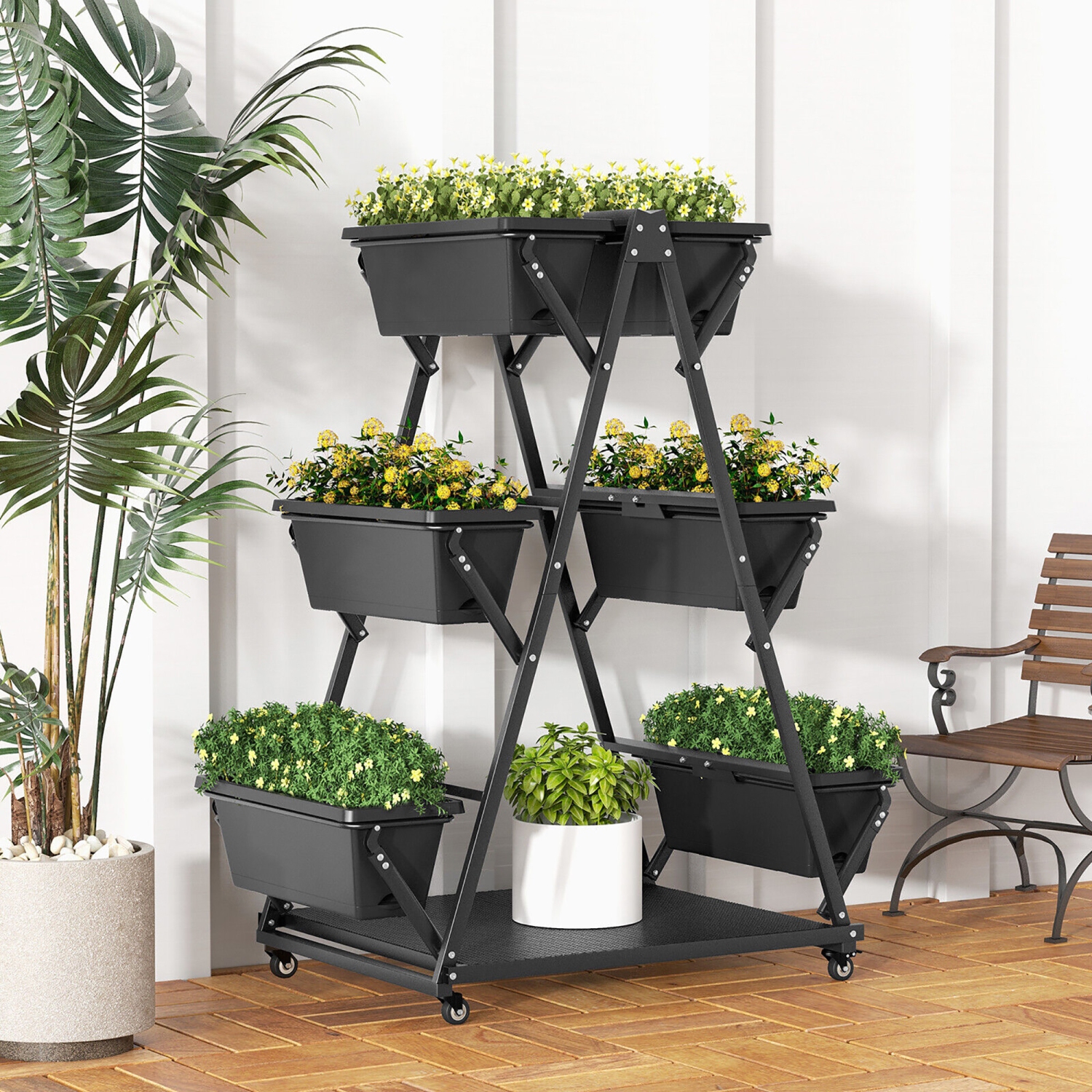 Gymax 3-tier Vertical Garden Planter Box w/ Lockable Wheels Drainage Holes for Patio