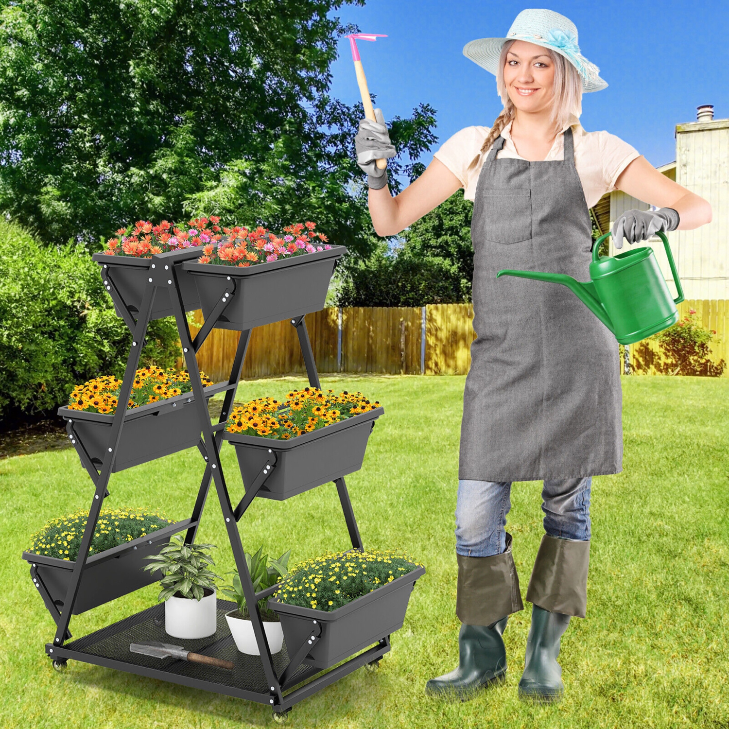 Gymax 3-tier Vertical Garden Planter Box w/ Lockable Wheels Drainage Holes for Patio