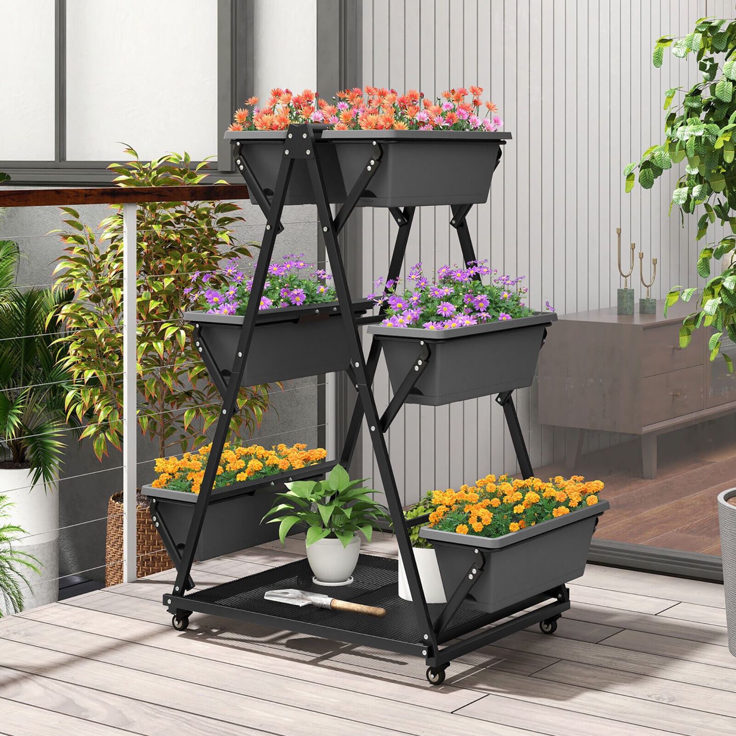 Gymax 3-tier Vertical Garden Planter Box w/ Lockable Wheels Drainage Holes for Patio
