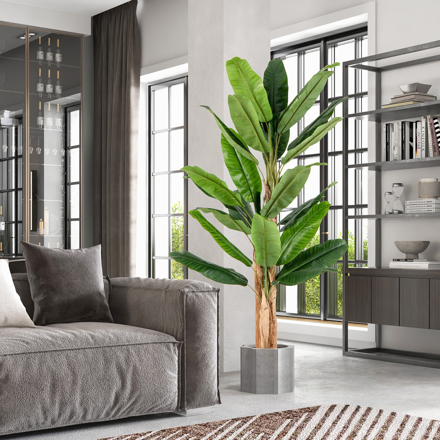 Gymax 6.5' Tall Artificial Banana Tree w/ 27 Large Leaves Triple Stalks Natural Bark