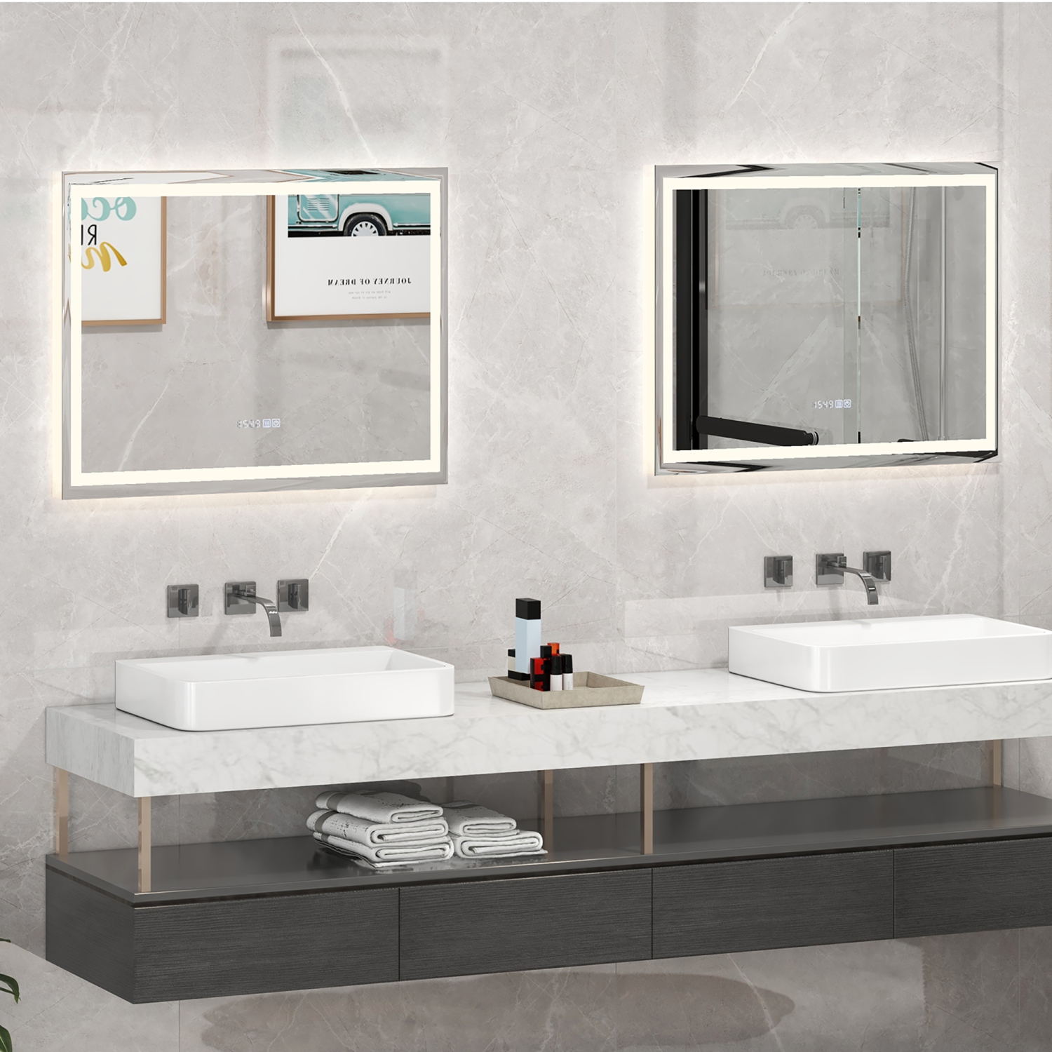 Gymax 36'' x 28'' LED Bathroom Mirror Wall Mounted Round Mirror w/ 3-Color Dimmable Lights