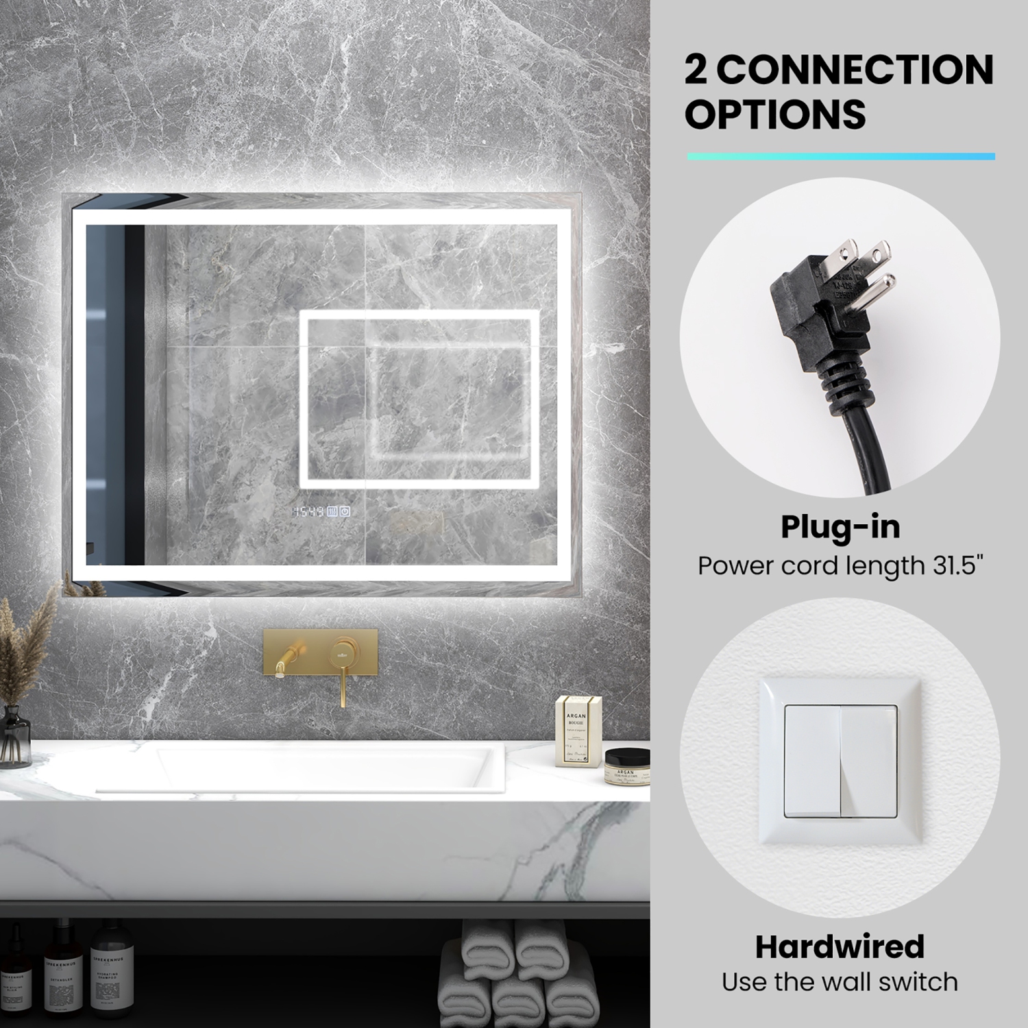Gymax 36'' x 28'' LED Bathroom Mirror Wall Mounted Round Mirror w/ 3-Color Dimmable Lights