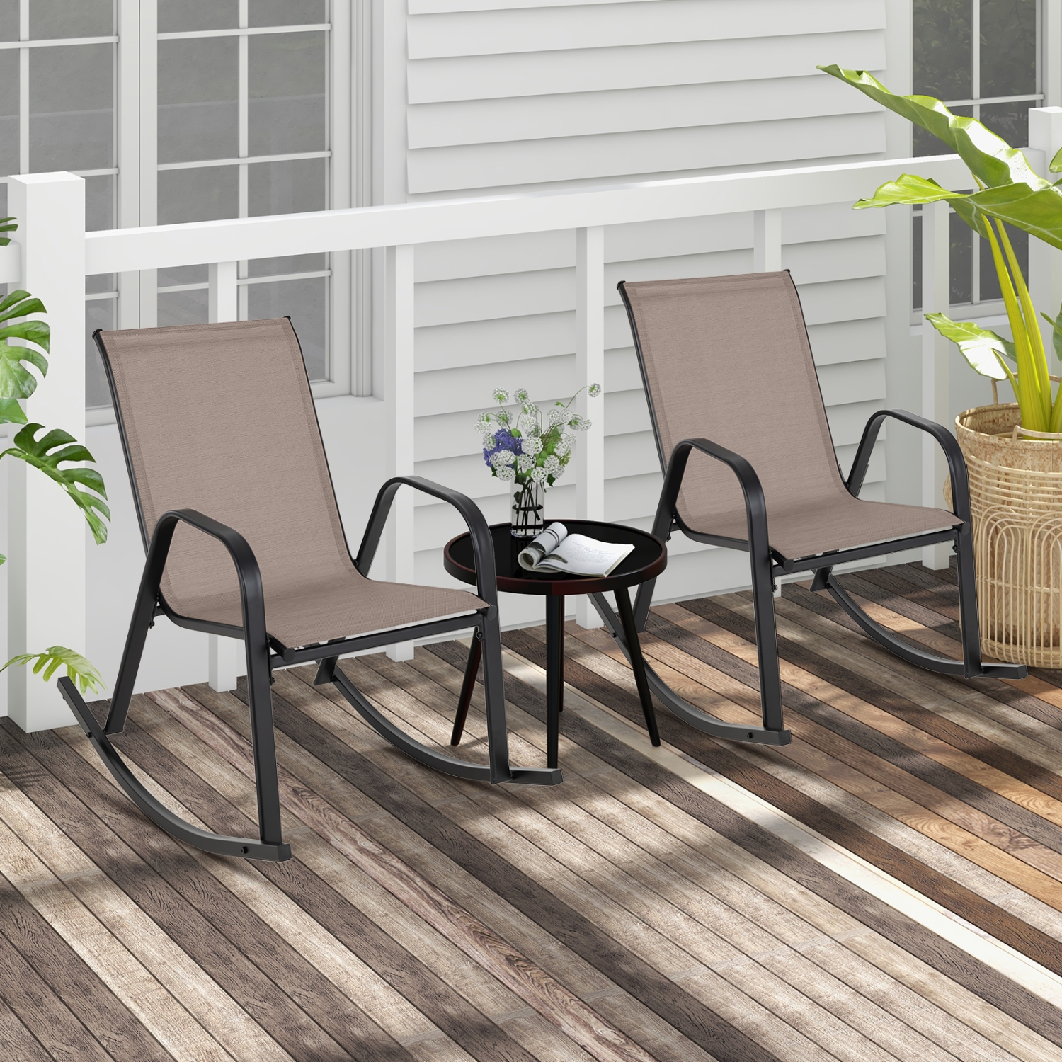Gymax Set of 4 Metal Rocking Chair Heavy-Duty Rocker Outdoor Anti-Slip Brown Patio