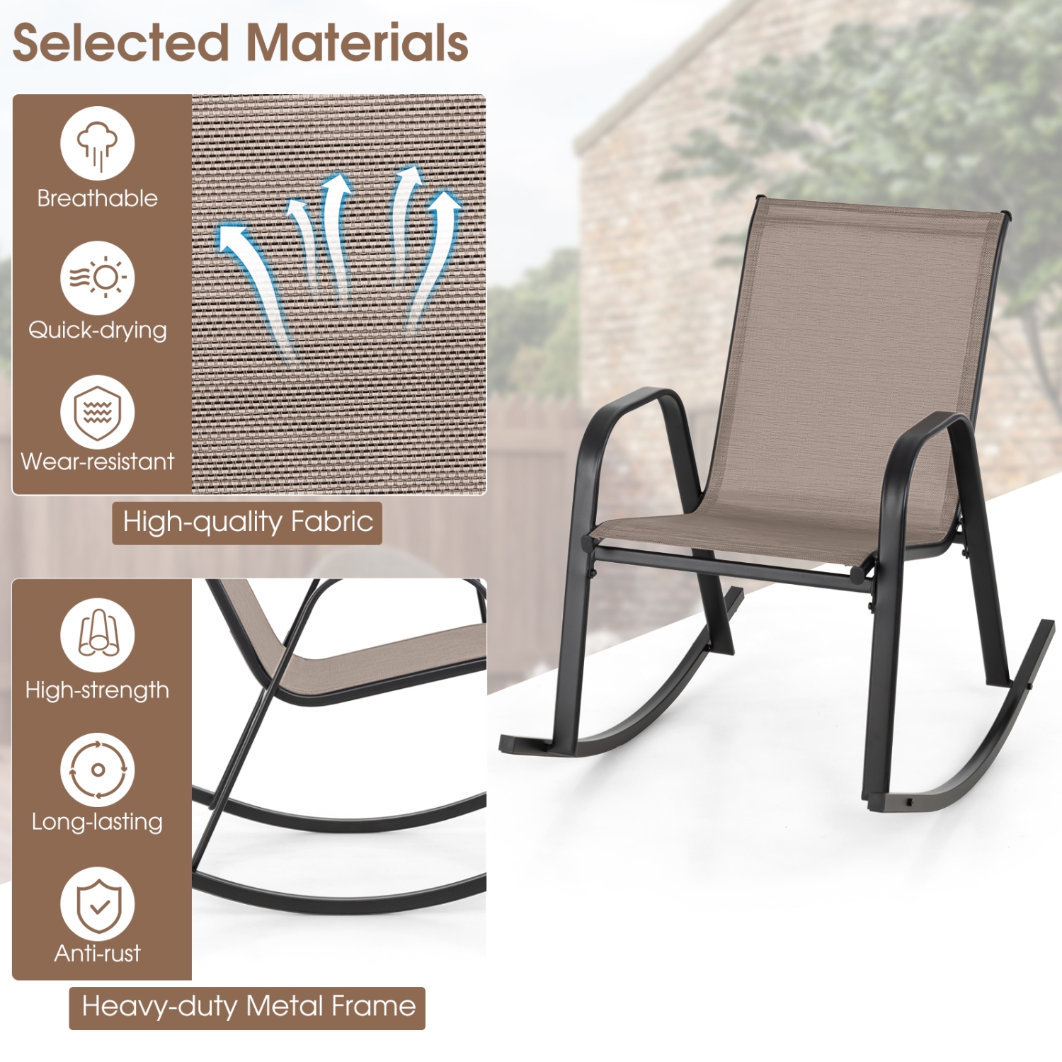 Gymax Set of 4 Metal Rocking Chair Heavy-Duty Rocker Outdoor Anti-Slip Brown Patio