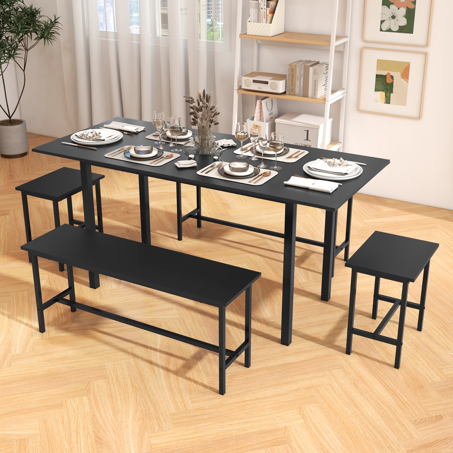 Gymax 5 PCS Dining Table Set for 4-6 w/ 2 Benches & 2 Stools Metal Frame Dining Room Black