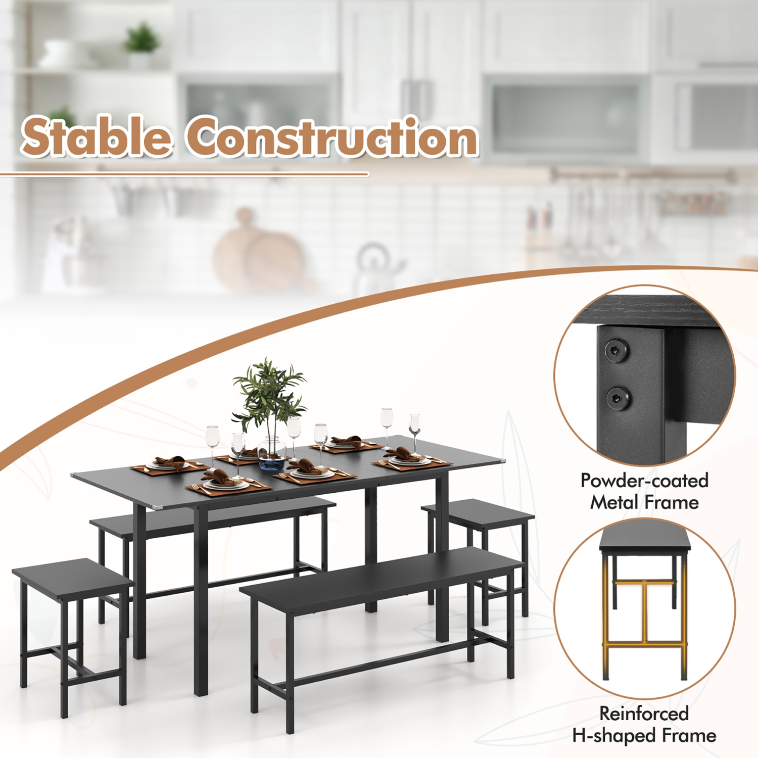 Gymax 5 PCS Dining Table Set for 4-6 w/ 2 Benches & 2 Stools Metal Frame Dining Room Black