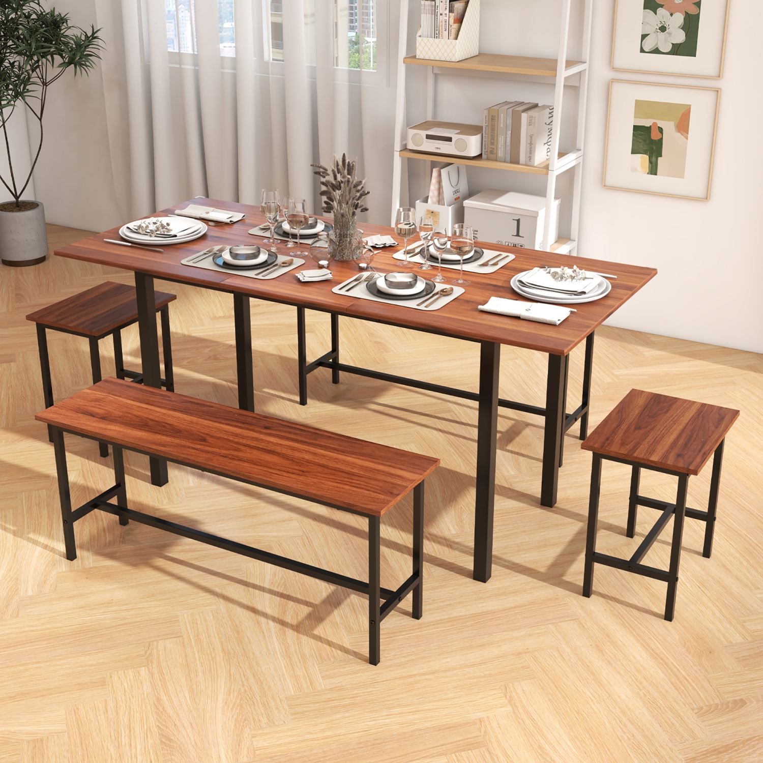 Gymax 5 PCS Dining Table Set for 4-6 w/ 2 Benches & 2 Stools Metal Frame Dining Room Walnut