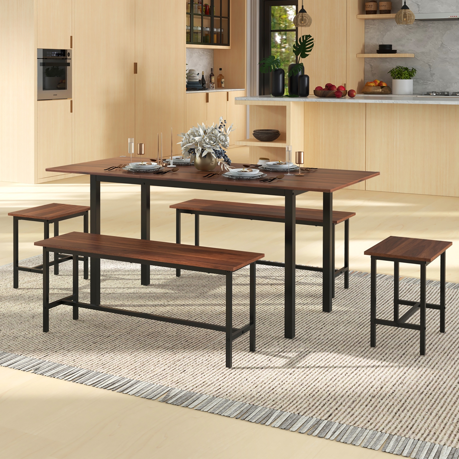Gymax 5 PCS Dining Table Set for 4-6 w/ 2 Benches & 2 Stools Metal Frame Dining Room Walnut