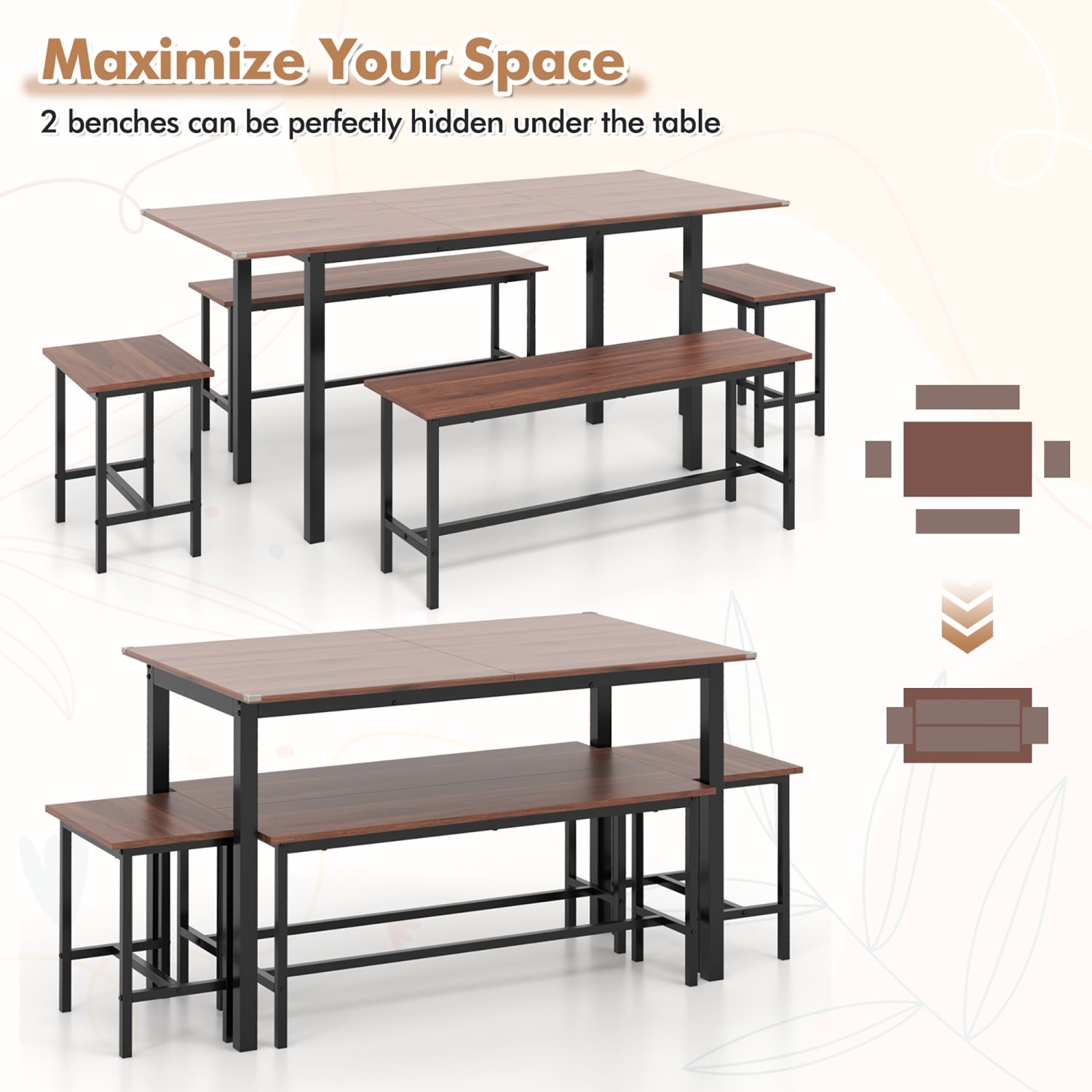 Gymax 5 PCS Dining Table Set for 4-6 w/ 2 Benches & 2 Stools Metal Frame Dining Room Walnut